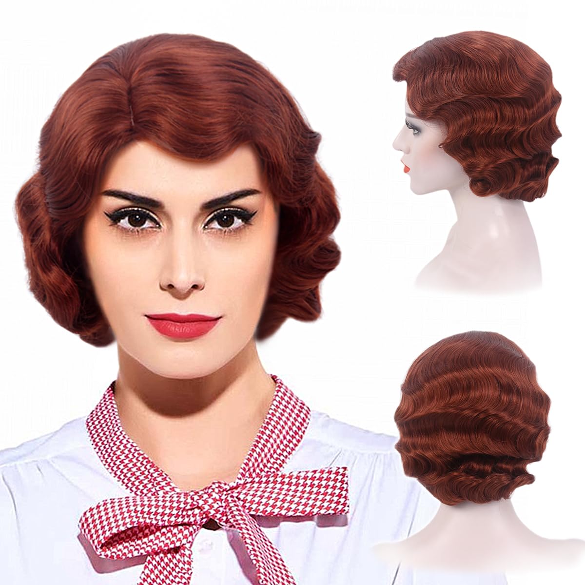 REEWES Short Vintage Synthetic Full Wigs 1920s Finger Wave Wig Short Curly Wig for Women Ladies Cosplay Flapper Fancy Dress Red - Image 2