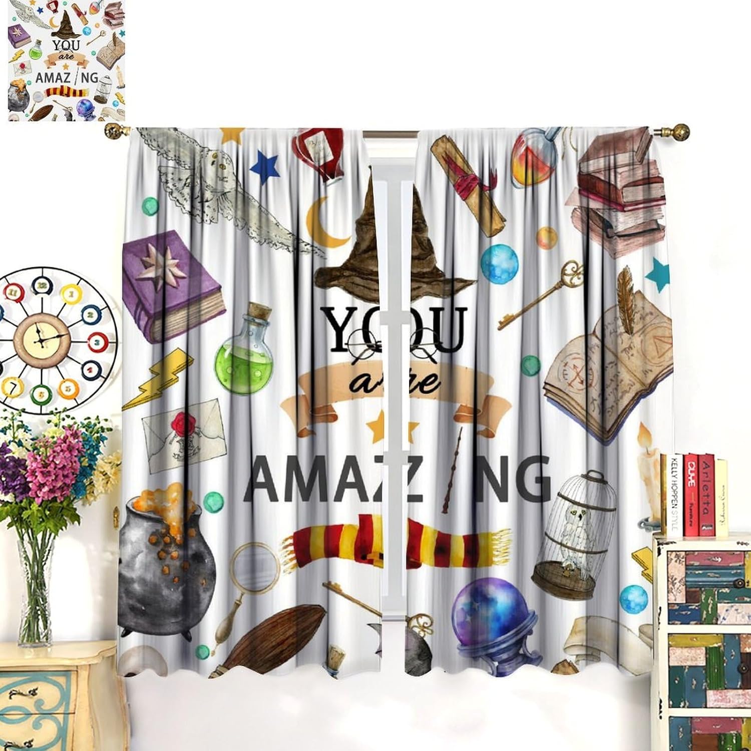 Magical Wizard Blackout Curtains for Kids Witchy Witchcraft Magic Book Mysterious Wizard Hat Broom Owl Print Window Treatments for Boys Girls Bedroom Living Room 42x45in