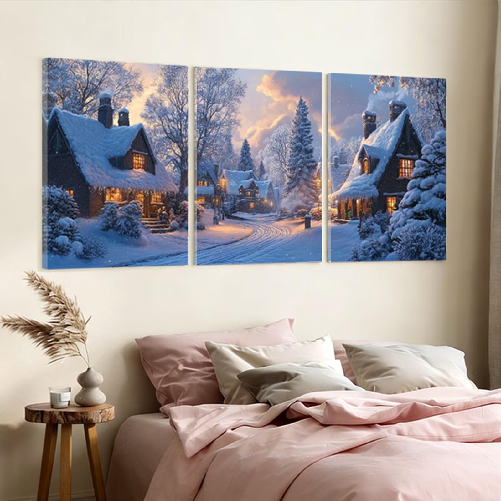Tableau Decoration Murale Hiver Cadre en Bois Impression sur Toile, Peinture Poster Mural Tableau Paysage Triptyque pour Moderne Salon Chambre Restaurant Maison Bain Cuisine 25x35 cmx 3pcs 1f-400