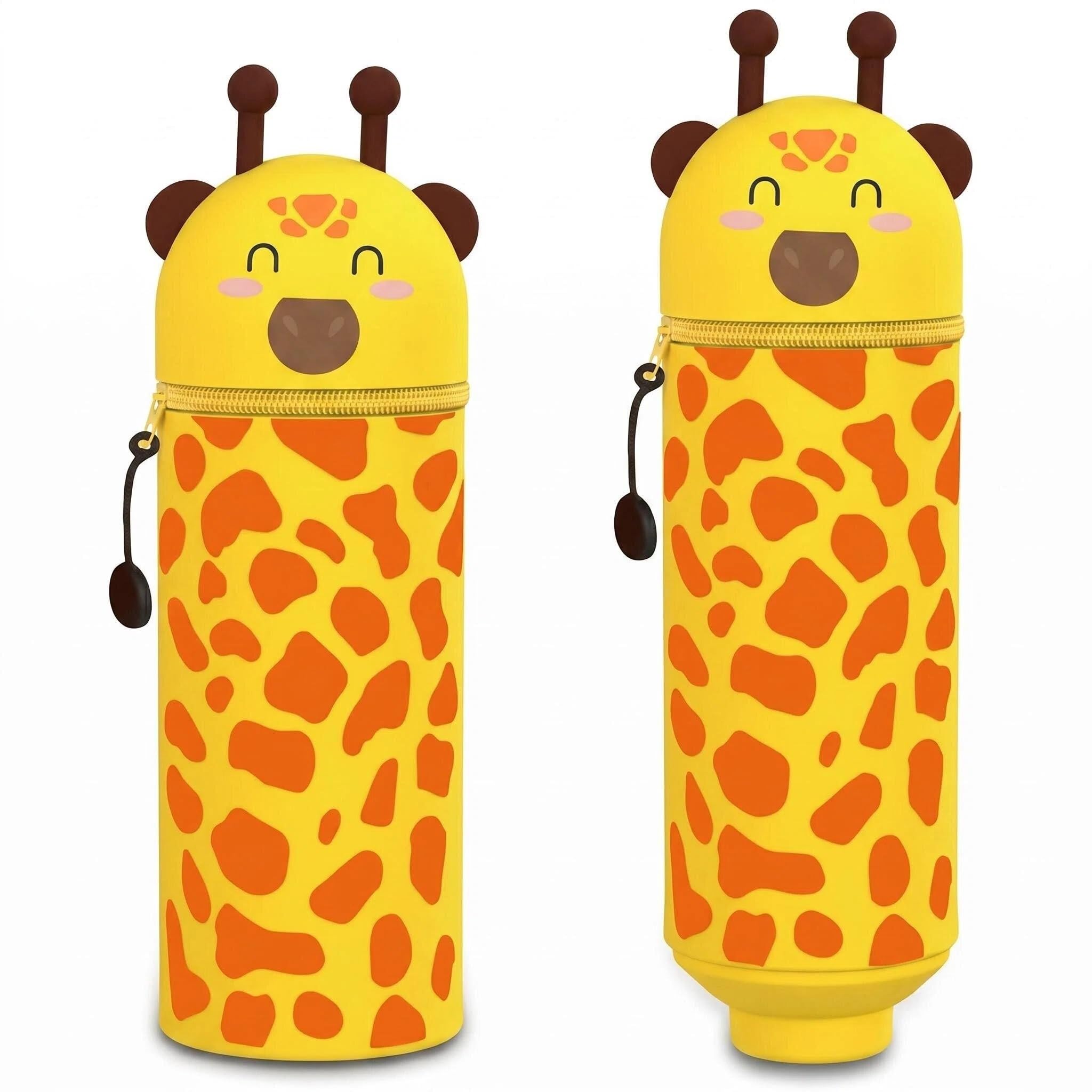 LUVDECO Long Giraffe Pencil Case 2-in-1 Expandable Silicone Pen Pouch Cute Animal Stationery Holder for Kids Foldable Desk Organizer for School Office