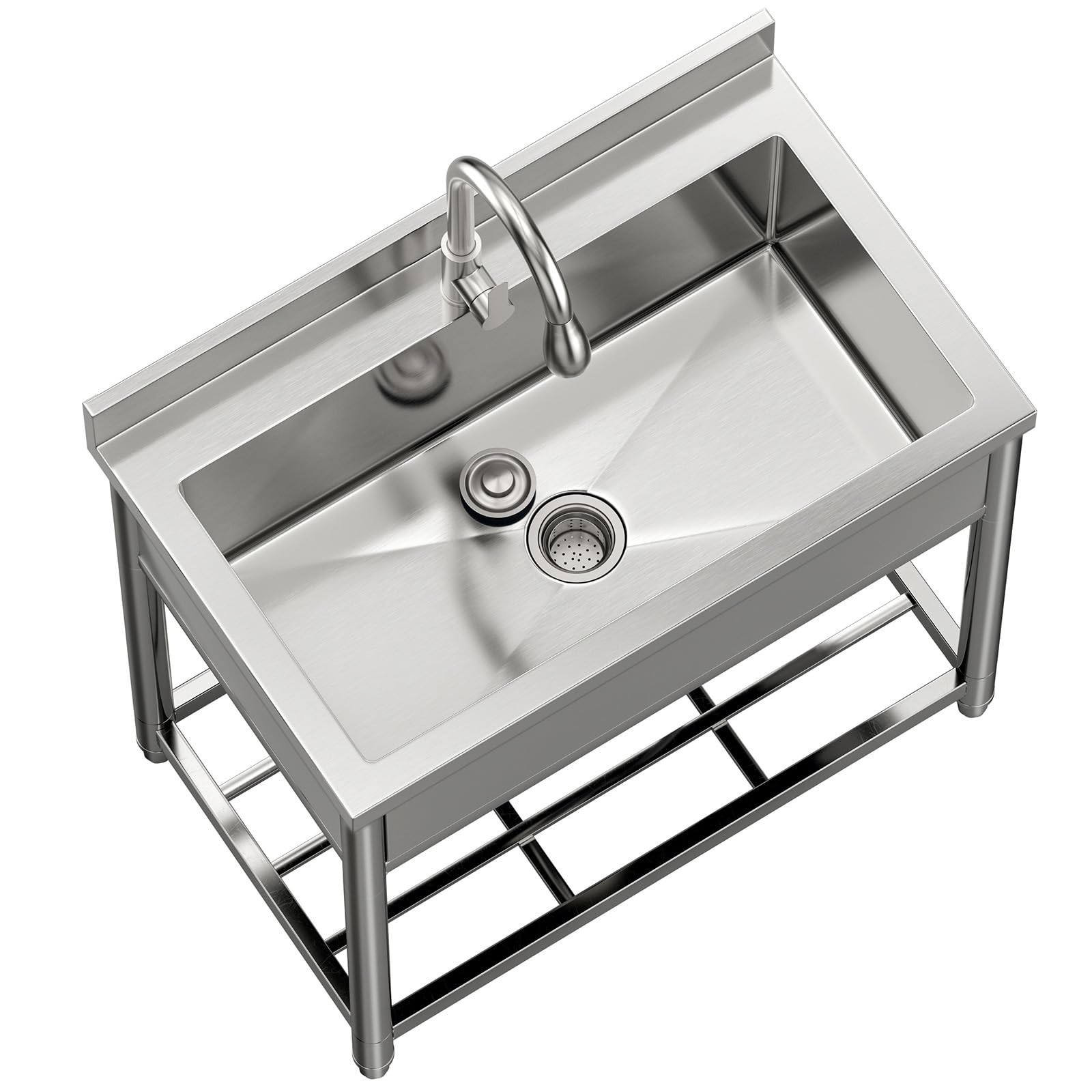 Grand Évier à Autoportant en Acier Inoxydable, 90 cm Évier de Cuisine sur Pied Commercial avec Robinet Extractible, Évier ‎Autonome pour Extérieur, Cuisine, Restaurant, Garage, Buanderie, Jardi