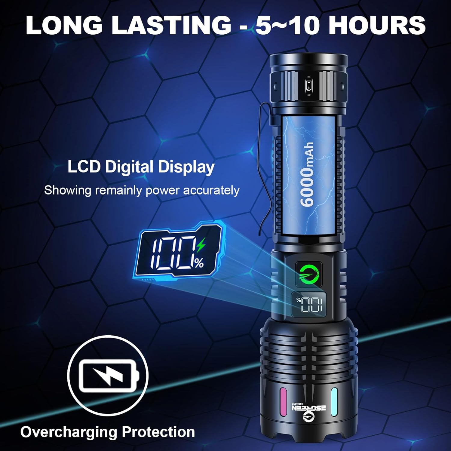 Esgreen Rechargeable Flashlights High Lumens 10000 Single 2 Modes, Super Bright LED Flashlight USB C Long Distance 3280ft, Powerful Long Lasting 10H Heavy Duty Strong Flash Light for Camping Hiking - Image 8