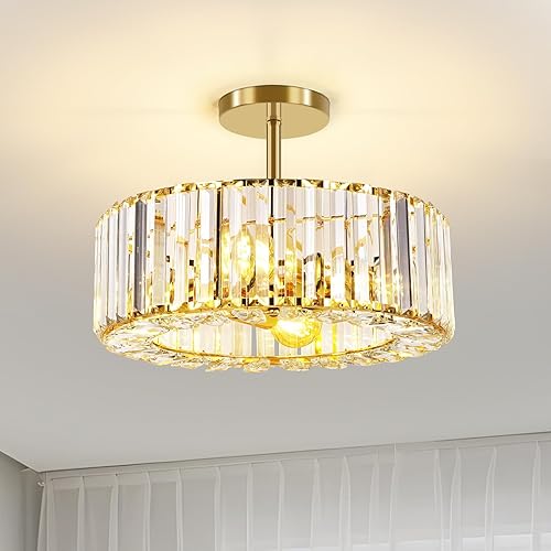 FRIDEKO HOME 4-Light Crystal Ceiling Light Fixture - 14.5 Inch Modern Semi Flush Mount Ceiling Light Crystal Chandelier for Kitchen Bedroom Dinning Room Hallway - Gold