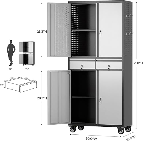 Miniatura 149 de Armario de almacenamiento de garaje con ruedas, gabinete de herramientas de metal de 35.43 pulgadas de alto con tablero de clavijas y 4 ganchos