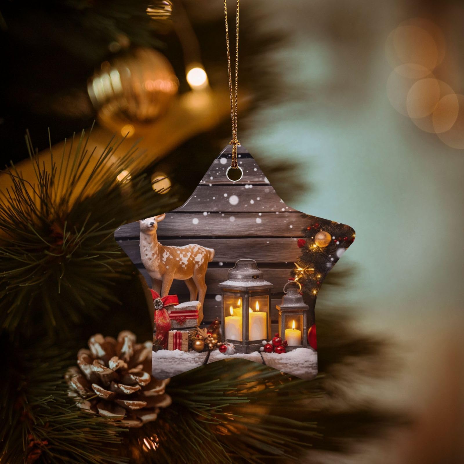 Christmas Tree Ornaments Ceramics Christmas Decorations Merry Christmas Candle Deer Ornaments with Gold Ribbon Porcelain Xmas Tree Crafts Star Shape Hanging Pendant for Christmas Tree Party Decor