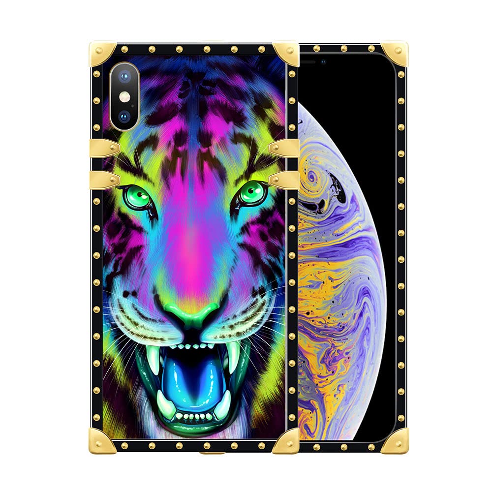 Luxury Square Case iPhone Xs Max Case, Colorful Tiger iPhone Xs Max Cases for Women Girls,Full Body Soft TPU Metal Plating Corner Shockproof Protection Bumper Back Cover Case