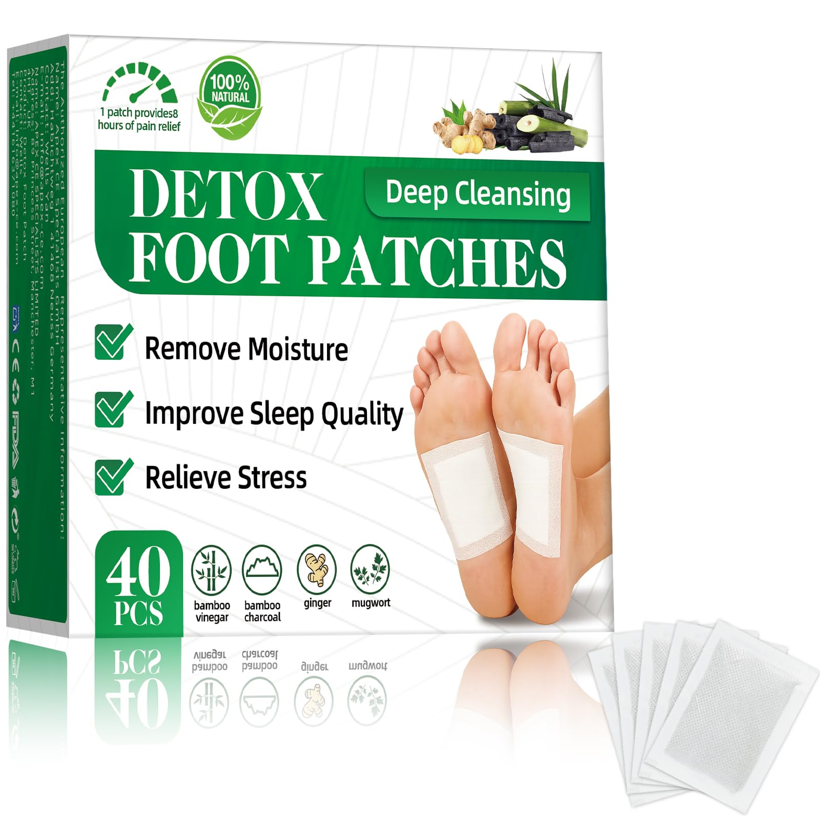 Parches Detox Pies, 40 unidades, con carbón de bambú. parche desintoxicantes para pie, aliviar el estrés y favorecer un sueño profundo. Parches desintoxicantes para piess que eliminan toxinas