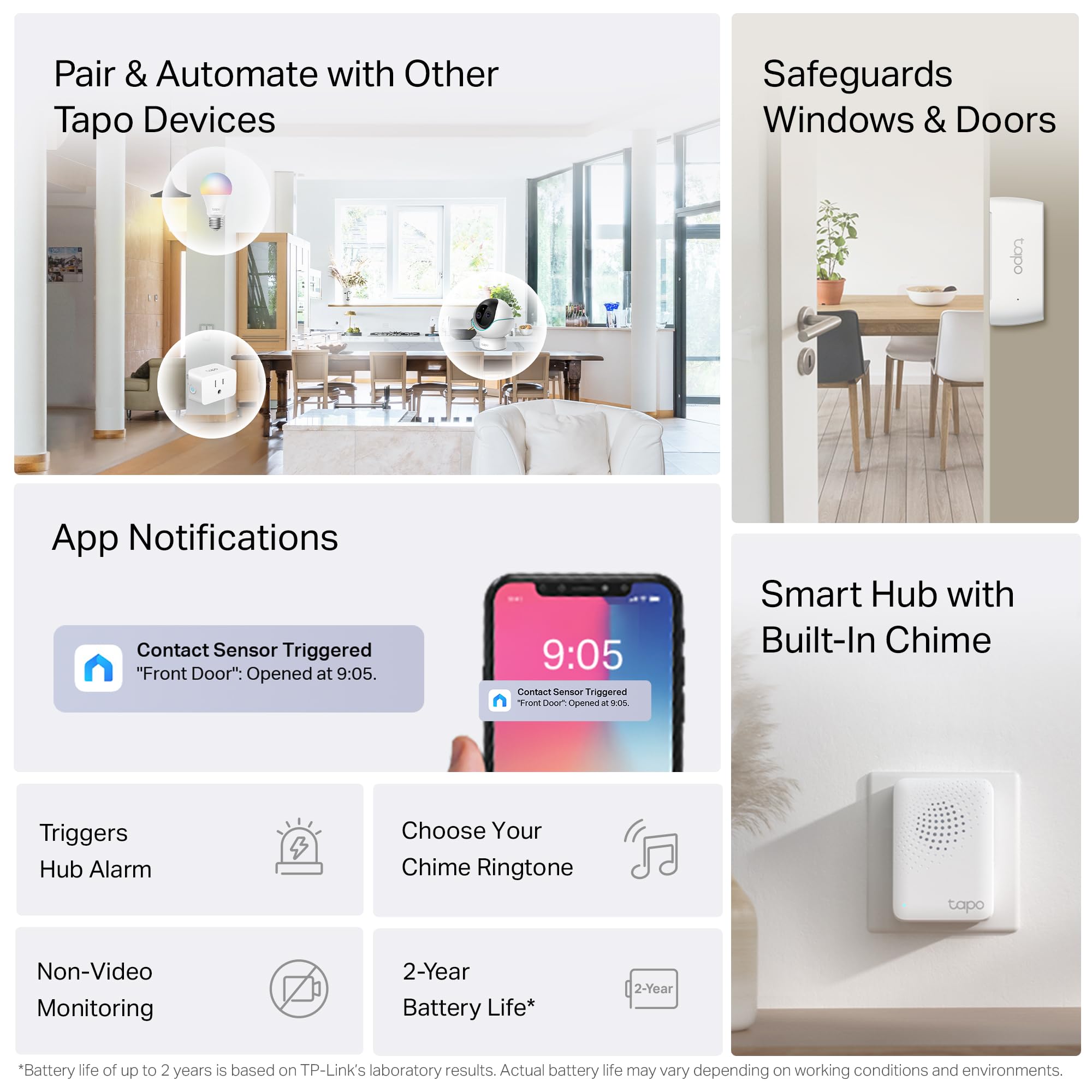 Tapo Door Sensor Starter KIT, Matter Compatible, 3X Smart Door Window Contact Sensor and 1x Smart Hub with Built-in Chime, Smart Automation, Real-Time Notification, T31 KIT