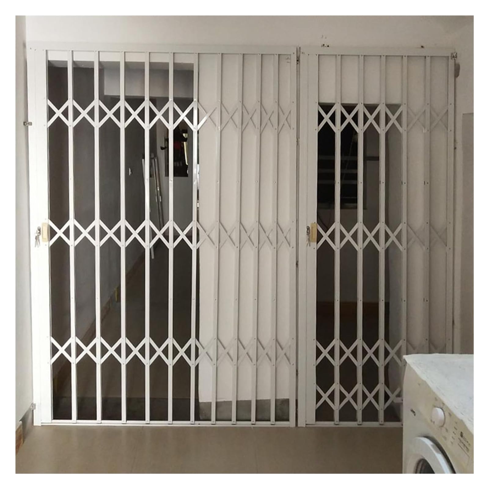 Barras de seguridad plegables para ventana, defensa interior antirrobo de 100 a 140 cm, rejilla blanca con doble bloqueo para evitar intrusos y segura (90 x 100 cm)