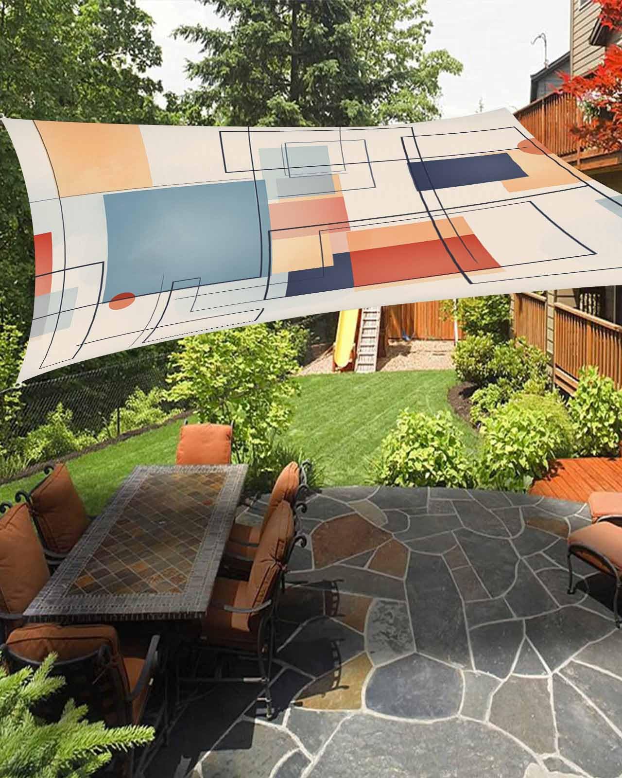 Geometric Orange Sun Sail Shades Rectangle Canopy,Sunlight Block Heavy Duty Curved Backyard Shade Cover,Waterproof Sun Shades for Patios Garden Outdoor,8'x10' Vintage Blue Abstract Middle Century