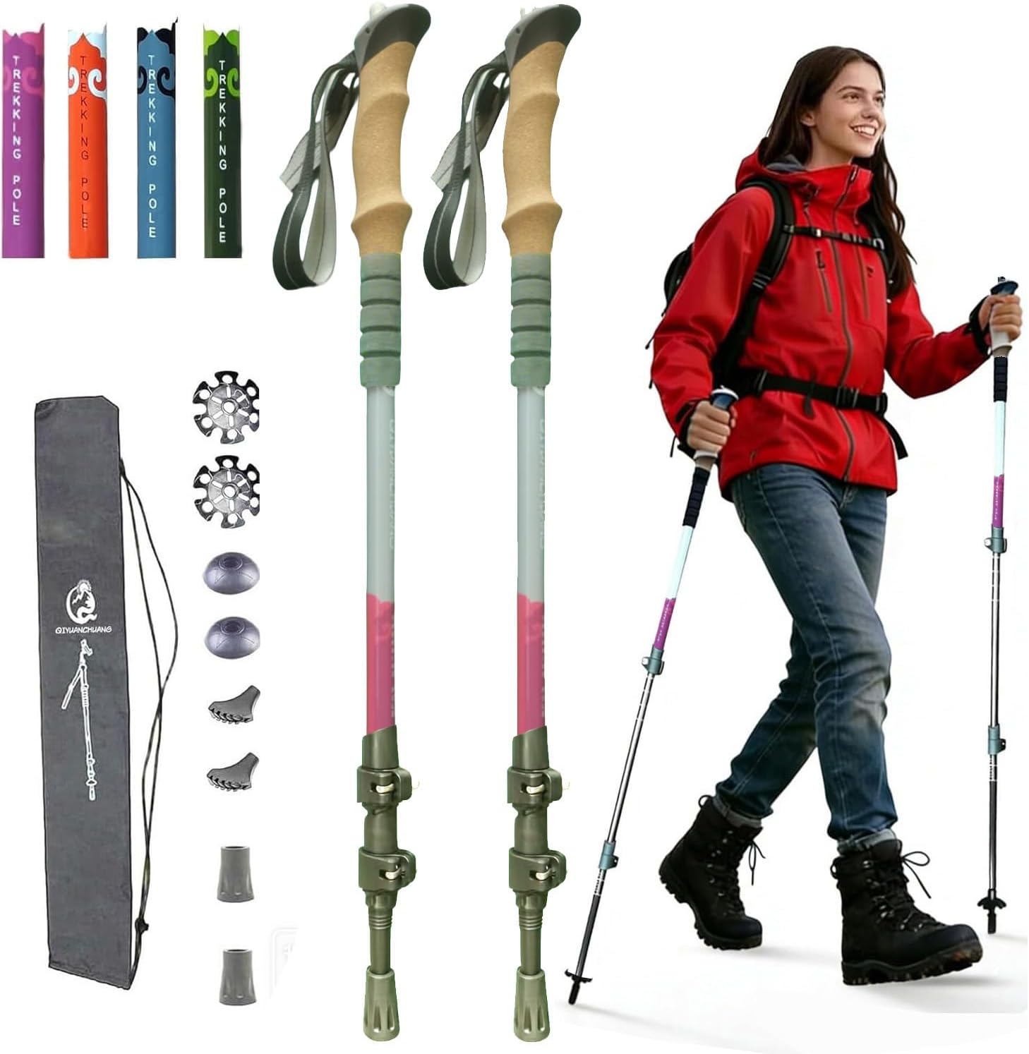 Camera Mount Trekking Poles for Women - Lightweight Adjustable Walking Sticks with Cork Grip, 1/4" Screw Thread for Phone/Action Camera