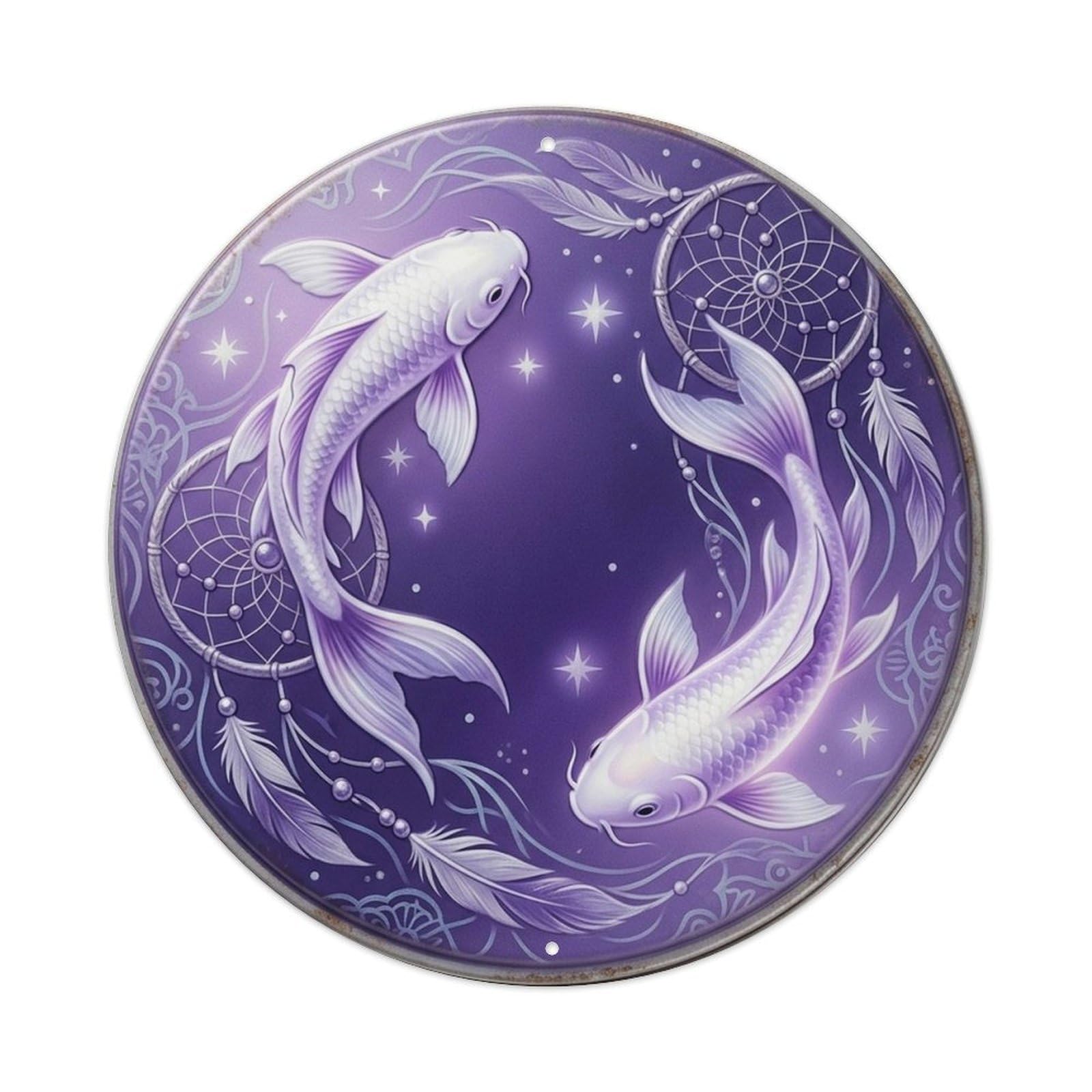 Oriental Koi Violet Twilight Dream Feng Shui Nature Garden Metal Tin Sign Plaque Wall Decor for Cafe, Man Cave, Club Bar, Office, Home Garden Round Metal Poster 8x8Inch