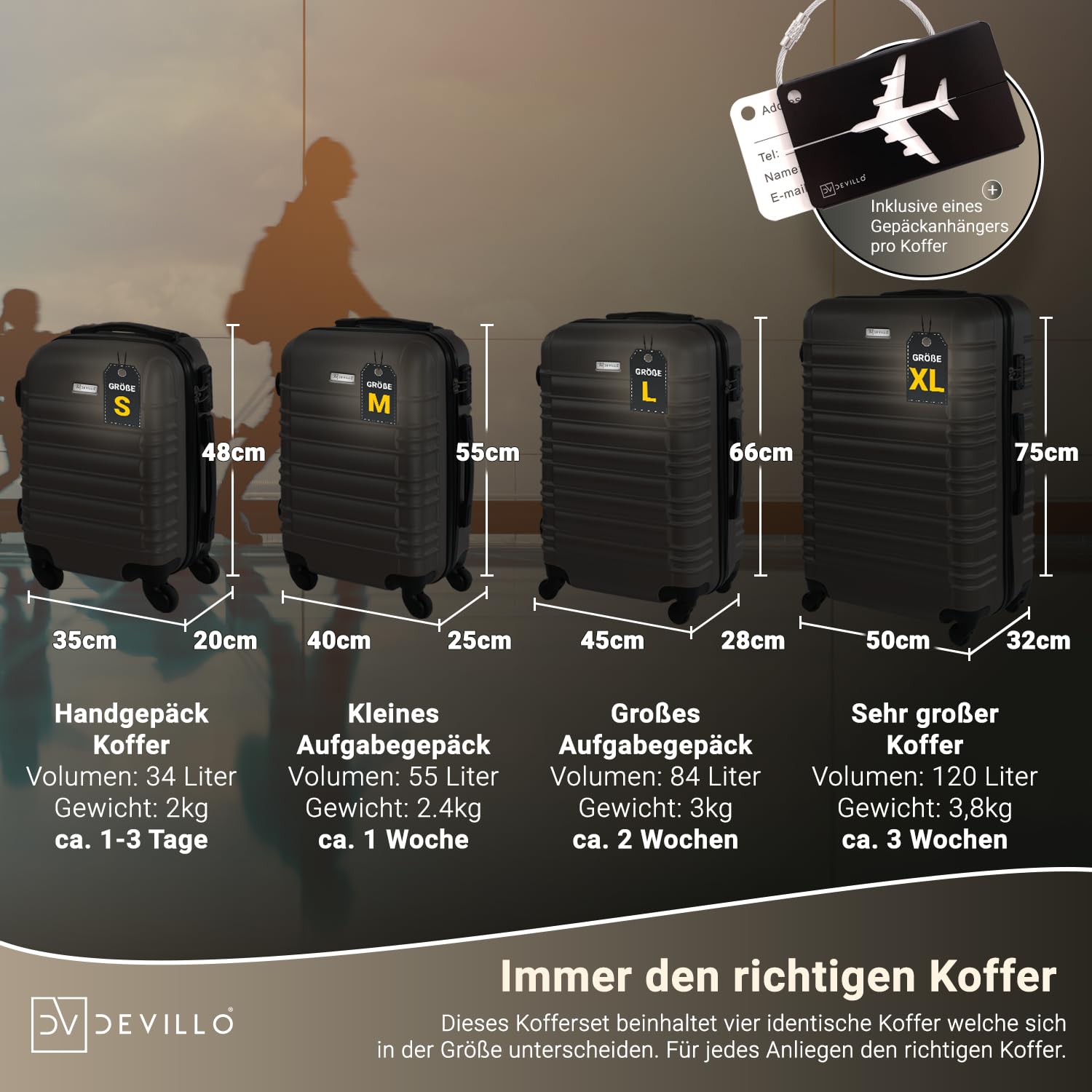 Devillo® Hartschalenkofferset Kofferset 4tlg. S-M-L-XL, Schwarz - Hard Shell Trolley Koffer Reisekoffer Reisekofferset Gepäck Rollkoffer Schloss 4 Rollen ABS-Hartschale Teleskopgriff