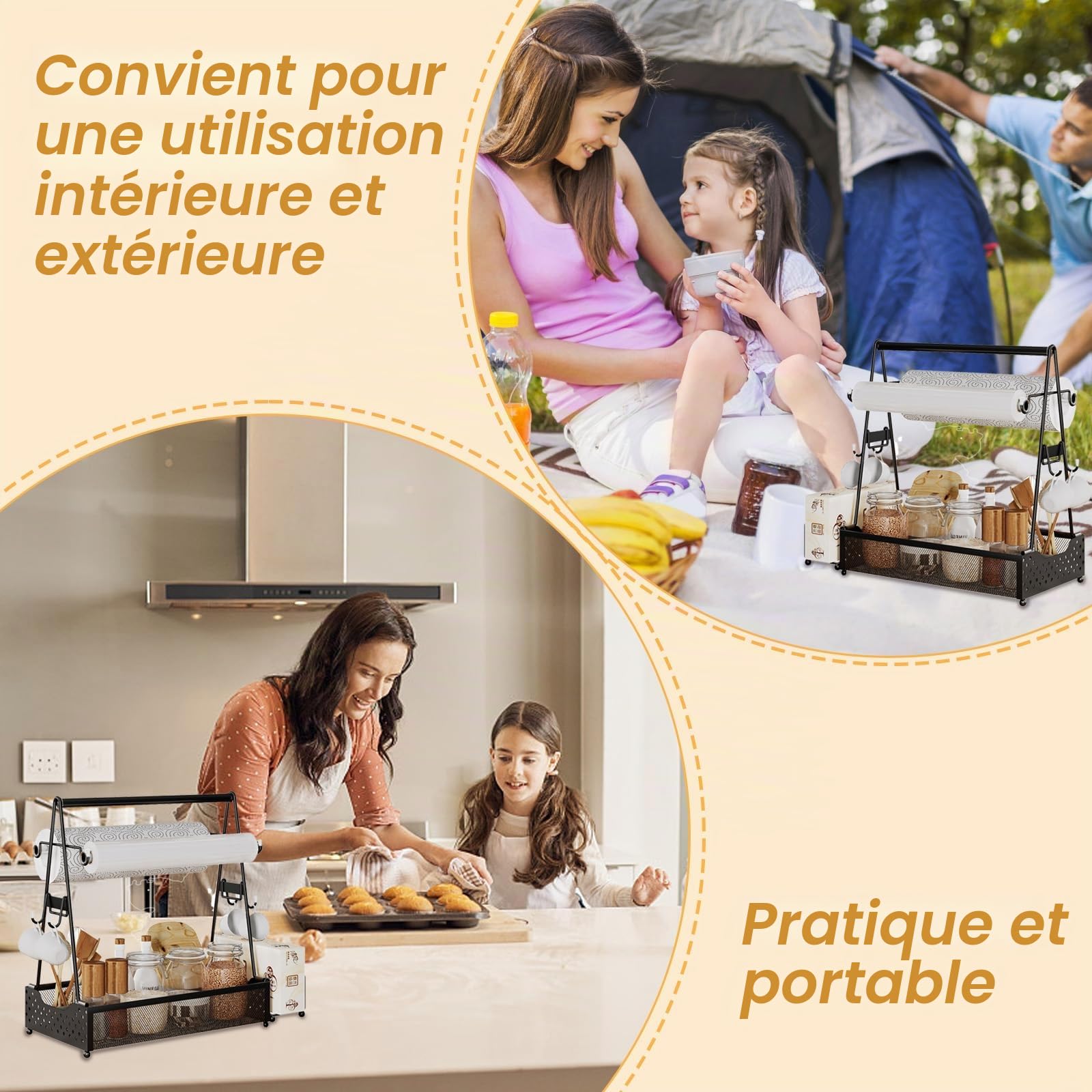 Panier de barbecue, récipient à ustensiles de barbecue avec porte-serviettes en papier et 4 crochets, en métal, accessoires de camping, organisateur pour cuisine et extérieur