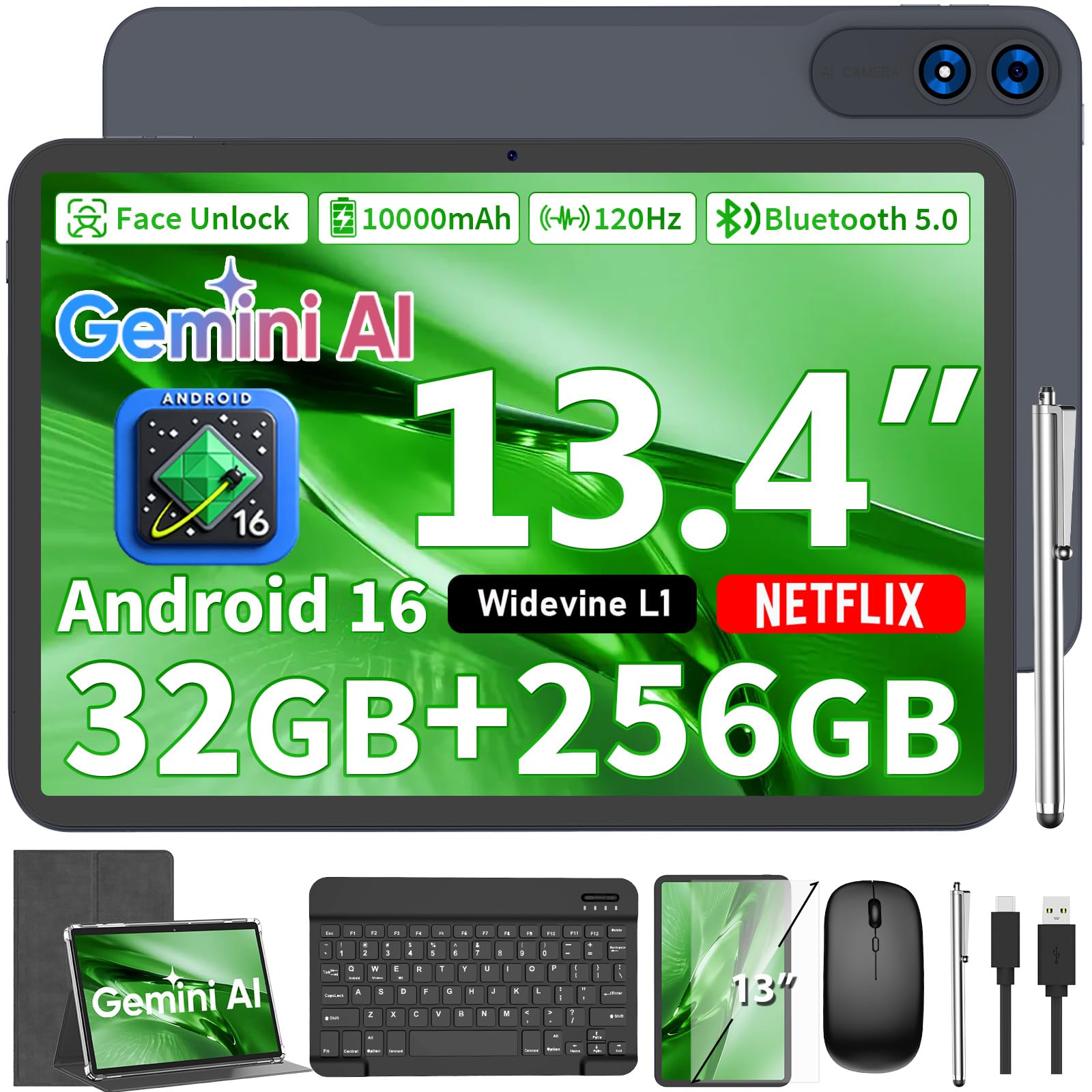 Android 16 Tablet with Keyboard - 13 inch Tablet with 32GB+256GB+2TB Expand
