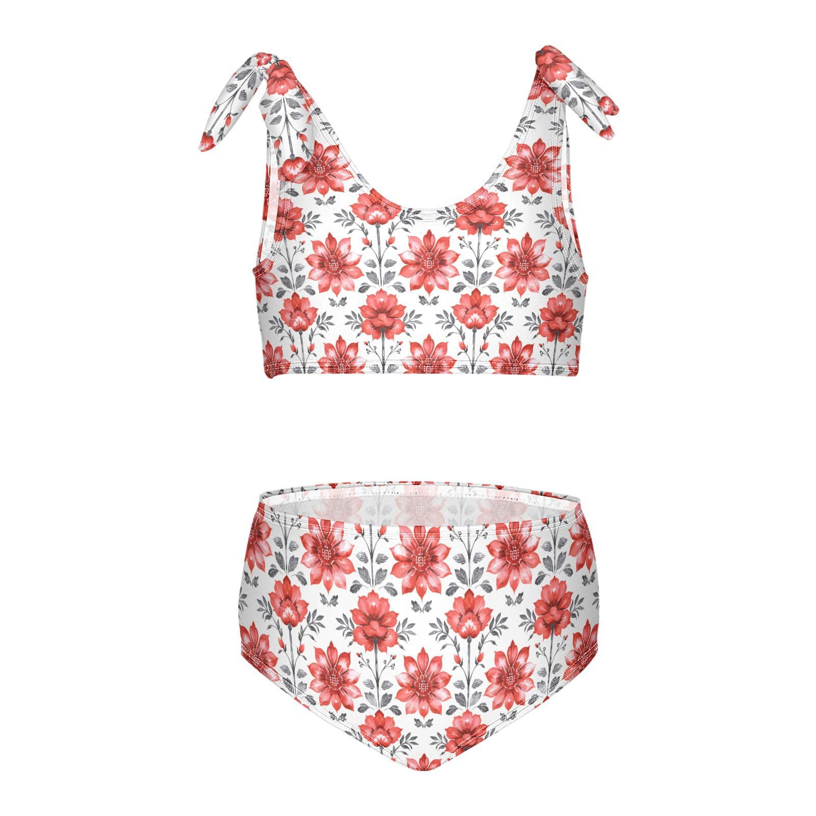 Watercolor Red Flower Girls Tankini Swim Set, Two Piece Swimsuits Summer Bikini Swimwear Set for Girls, 4T