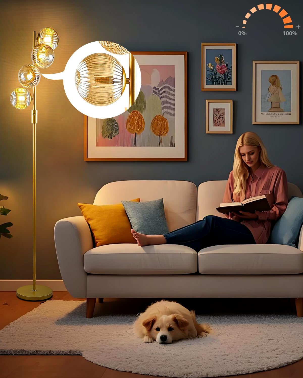 Lightdot 64IN Dimmable Floor Lamp with Glass Globe Shade, Modern Gold Standing Lamps with 4PCS Bulbs Included Soft Warm White Eye Care, Mid Century Floor Lamp for Living Room/Sofa Beside/Corner Decor