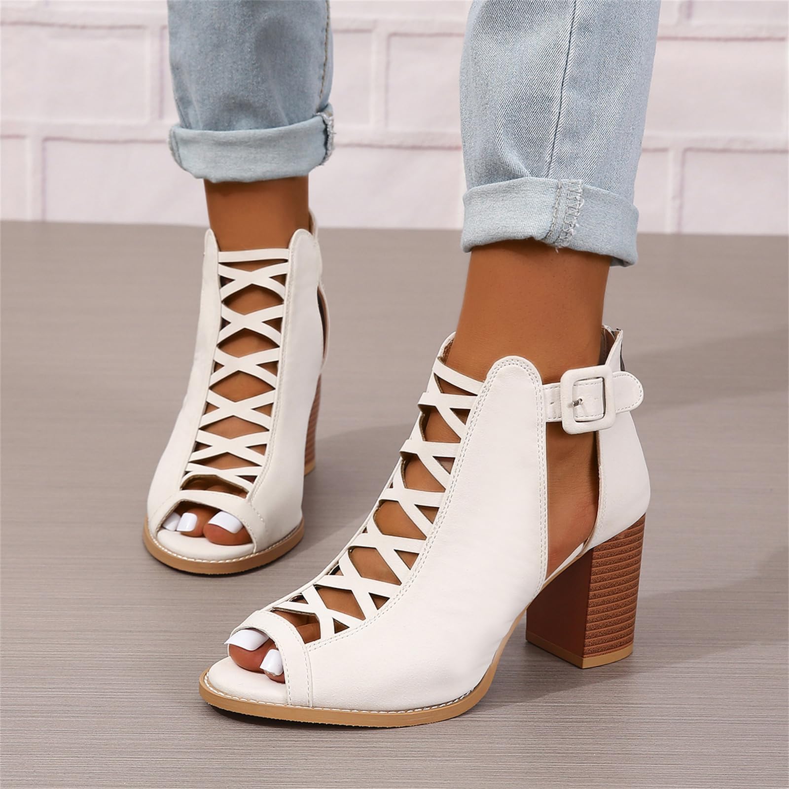 Women Chunky Heeled Sandals Stacked Heel Open Toe Cutout Heels Gladiator Ankle Strap Pumps Summer Bridal Party Dress Shoes