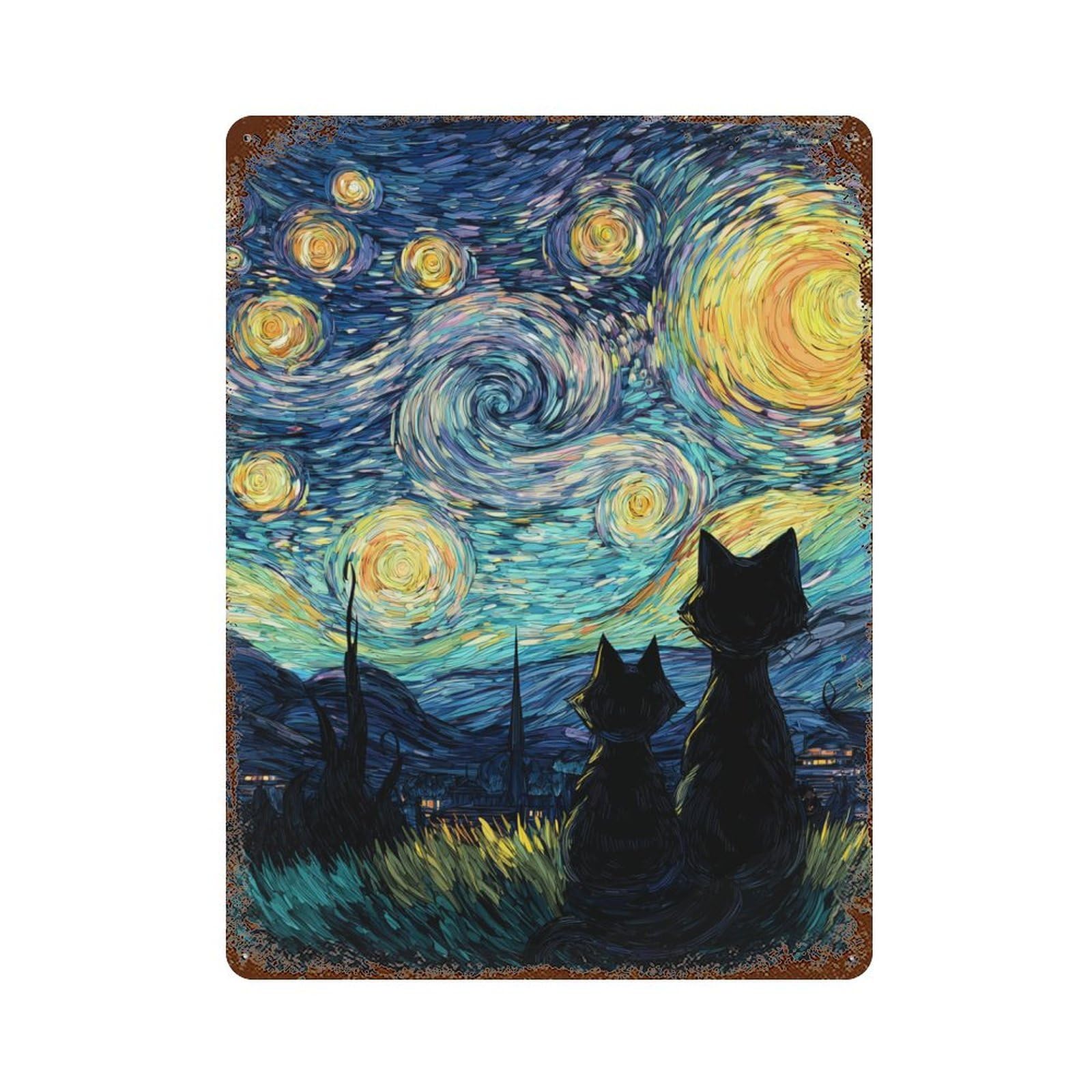 Starry Night Cats -18 15.7"x11.8" Weathered Tin Sign, Shabby Chic Decor for Farmhouse, Kitchen And Entryway Decor