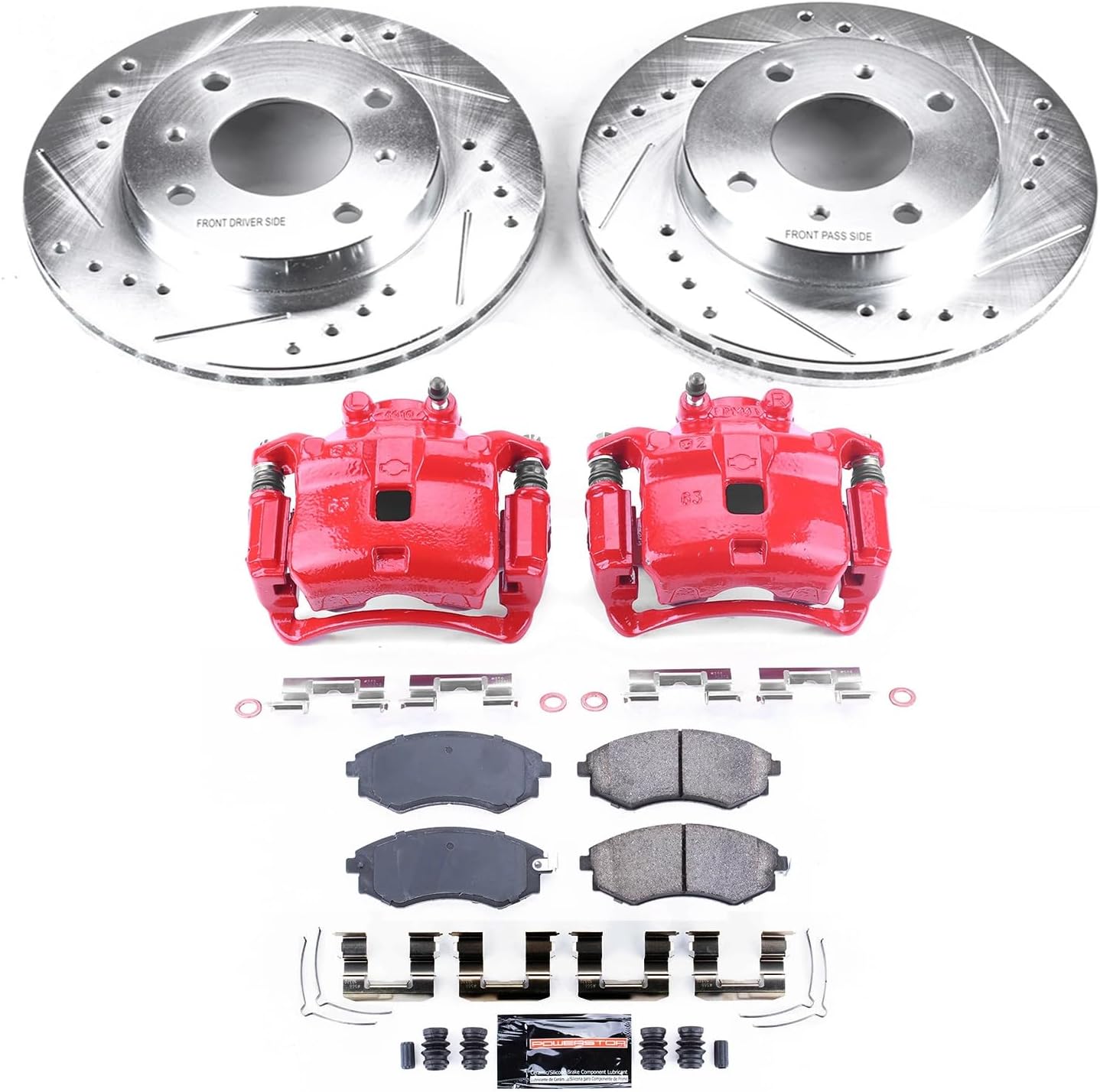 PowerStop Front Brake & Caliper Kit for Nissan Sentra 2000-06 - Carbon-Fiber Ceramic Brake Pads + Drilled & Slotted Rotors + Red Powder Coated Calipers, KC656A