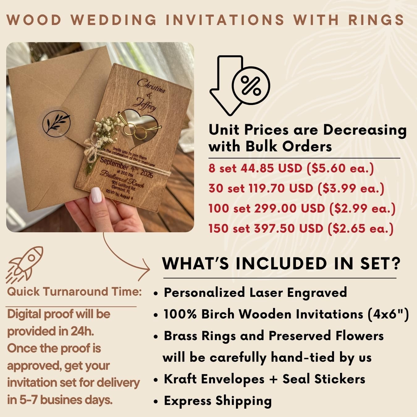 Wood Wedding Invitations with Envelopes, Engraved Heart Cutout with Gold Brass Rings, Dried Flowers & Stickers – Personalized Wedding Invitations