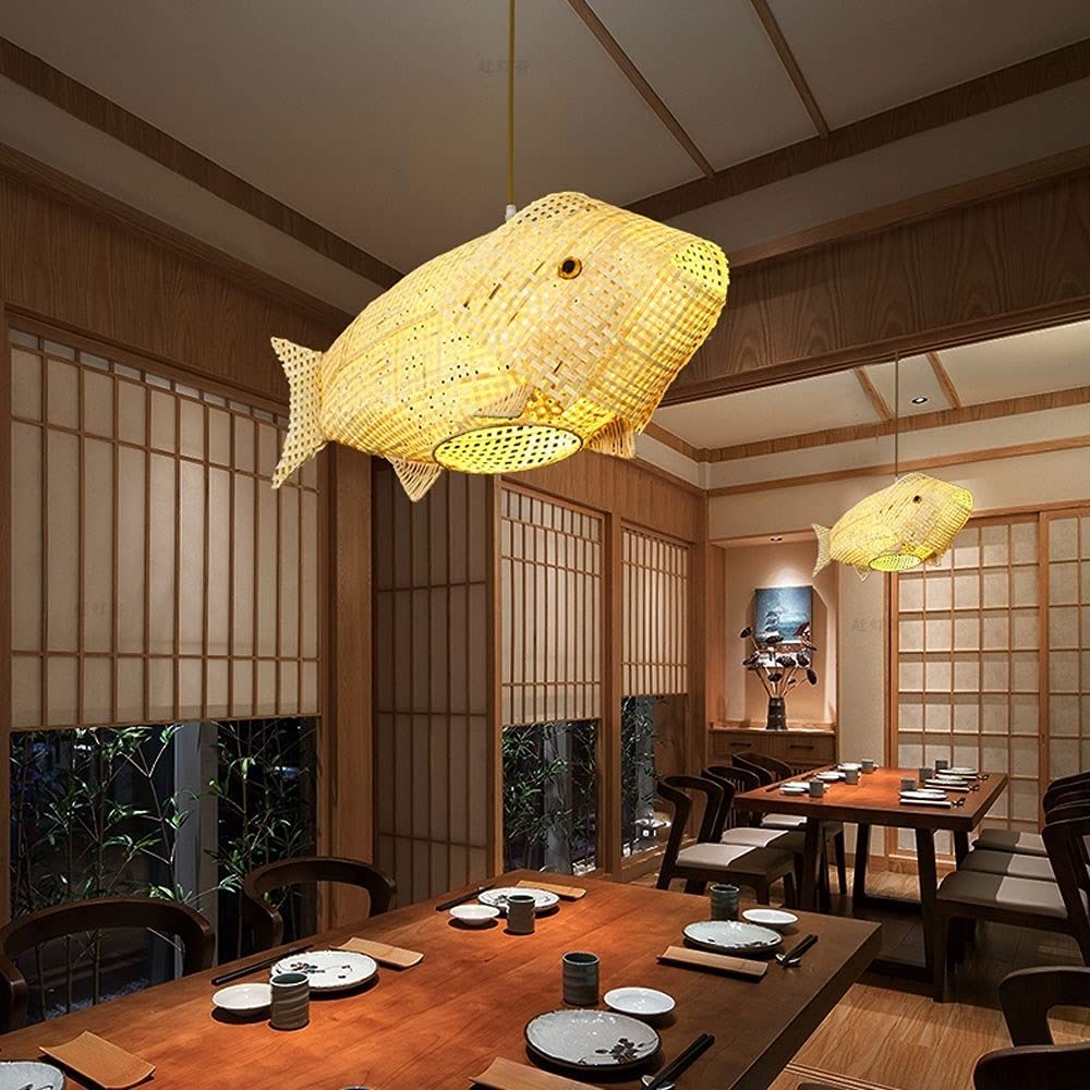 Lustre poisson en rotin tissé main luminaire suspendu rétro E27