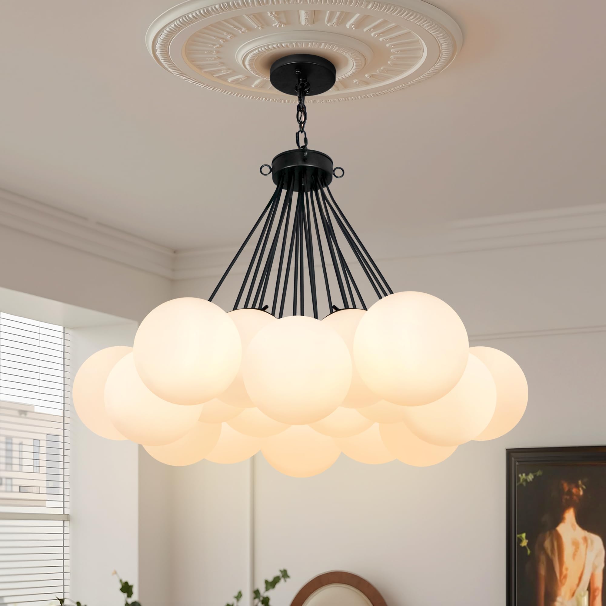 Photo 1 of DHK wot 19-Light Mid Century Milk Glass Bubble Chandelier Black Globe Living Room Light Fixture Mid Century Chandelier for Dining Room Entryway Foyer Kitchen Island Bedroom Hallway