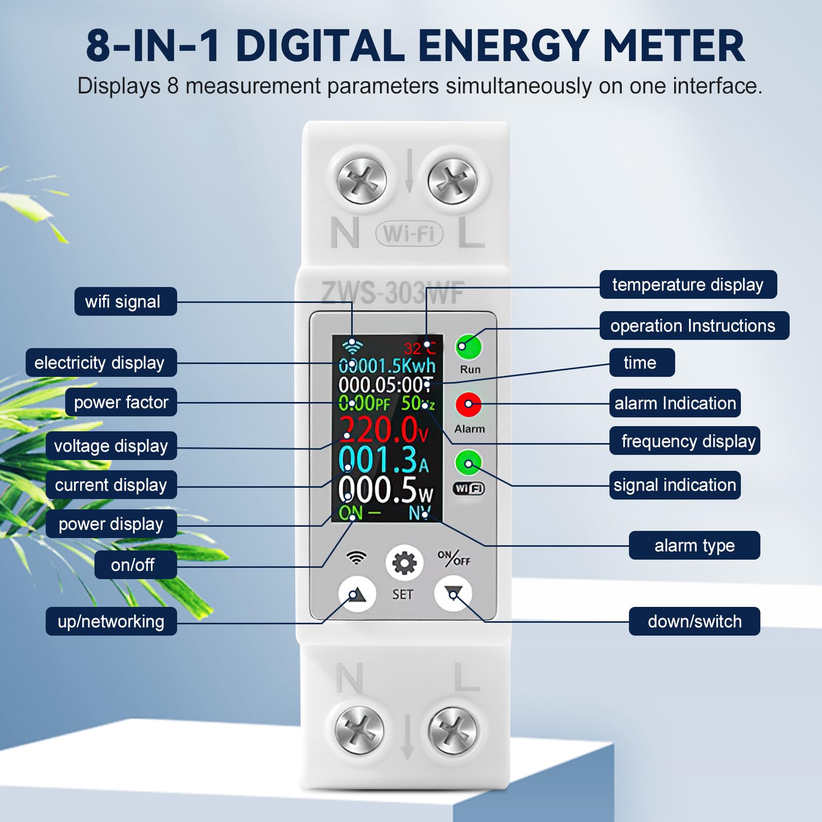Stromzähler wlan smart meter 63A digital stromzähler hutschiene wechselstromzähler 1 phasig AC 80-300V Leckageschutz Überspannungsschutz und Überlastschutz ZWS-303WF