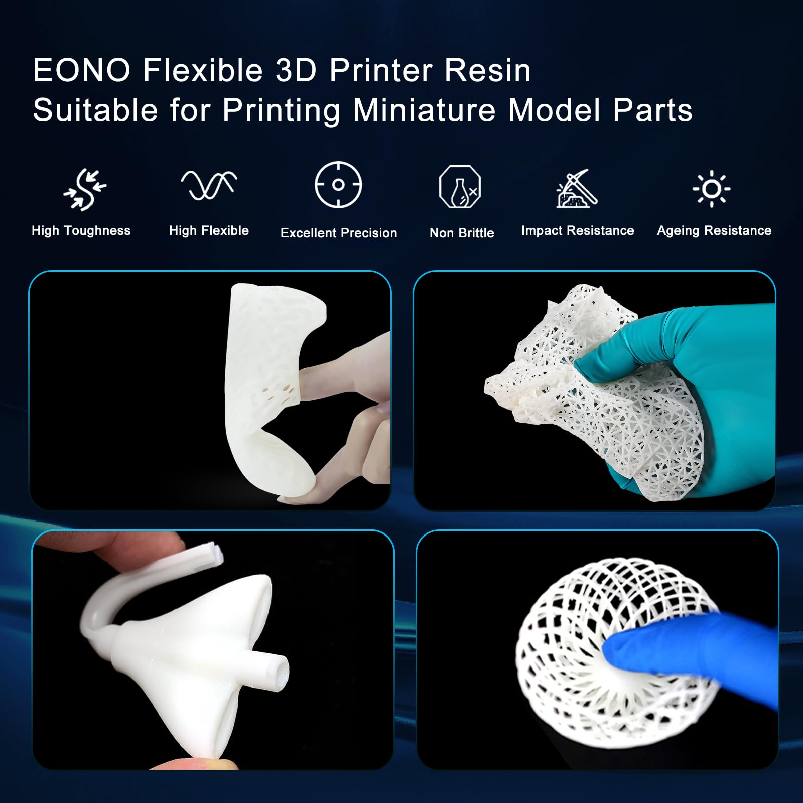 EONO Elastyczna żywica do drukarki 3D (Shore 80A) druk 3D, miękka guma/żywica podobna do TPU, wysoka rozciągliwość, 405 nm, szybka żywica UV do drukarki LCD, biała, 1000 g