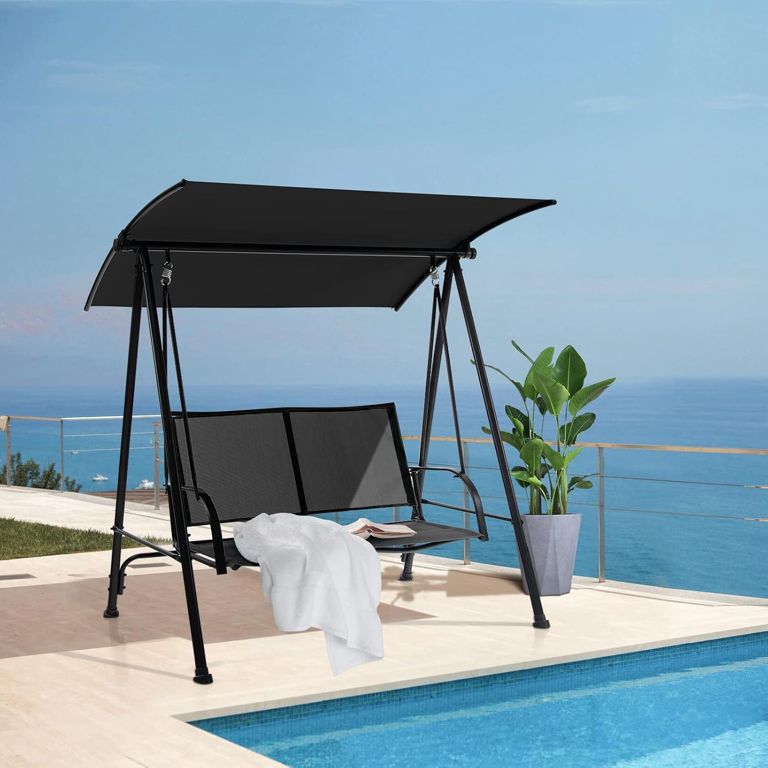 Tangkula 2 Person Porch Swing, Patio Swing with Adjustable Canopy, Comfortable Fabric Seat & Heavy-Duty Steel Frame, Outdoor Canopy Swing for Patio, Garden, Poolside (Black)