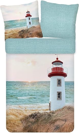 ESPiCO Bettwäsche Trendy Bedding Leuchtturm Sand Wendeoptik Blau Mehrfarbig Renforcé, Größe:135 cm x 200 cm