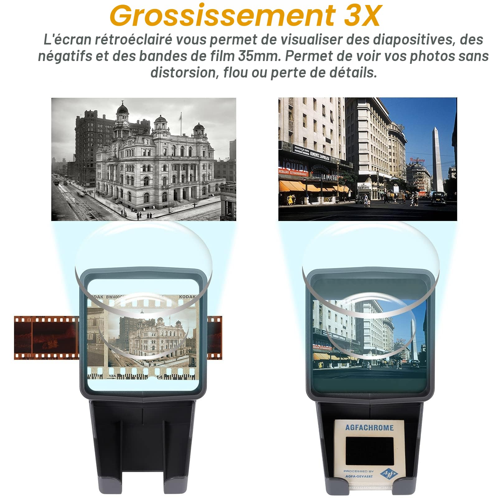 Visionneuse de Diapositives et de Films à grossissement 3X - pour Diapositives 35 mm et Films négatifs/positifs, éclairage LED de Bureau, Fonctionnement sur Piles (câble d'alimentation USB Inclus)