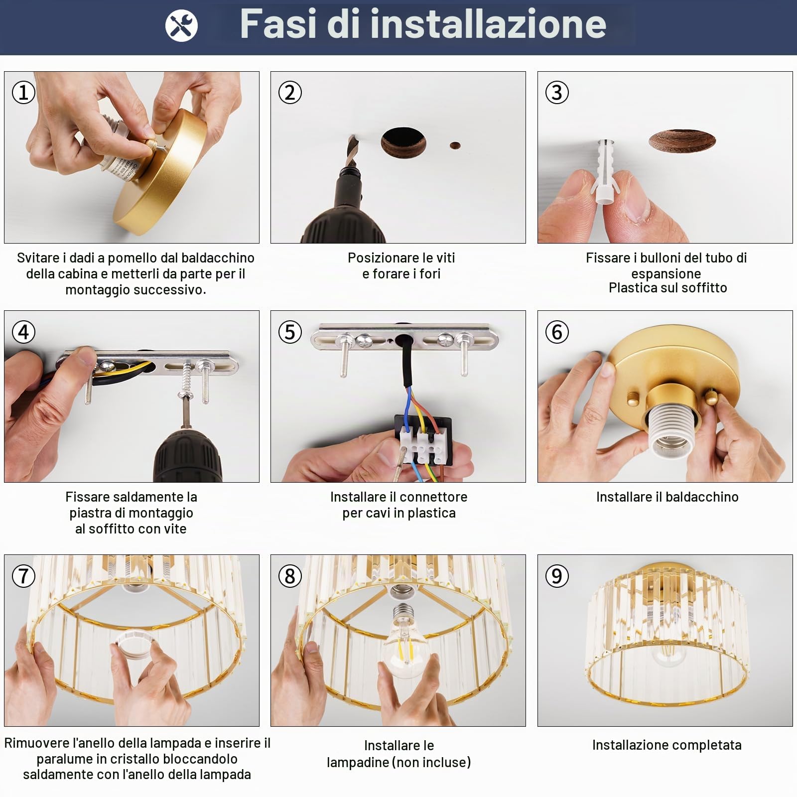 Qamra Plafoniera Moderni Oro, Plafoniera cristalli 27 cm, Rotondo Lampada Soffitto per Bagno Soggiorno Camera da Letto Cucina Corridoio E27（Lampadine non incluse）