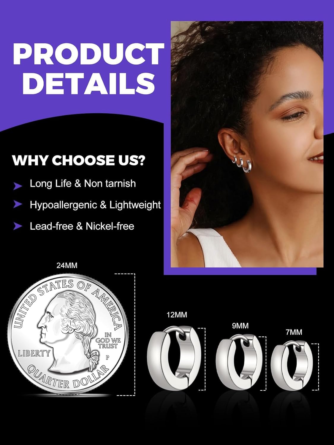 Classic 3/4/5 Pairs Small Hoop Earrings for Men Women Gold/Silver/Black Stainless Steel Huggie Hoop Earring Hypoallergenic Piercing Jewelry Set 7/9/12/14/16mm - Image 7