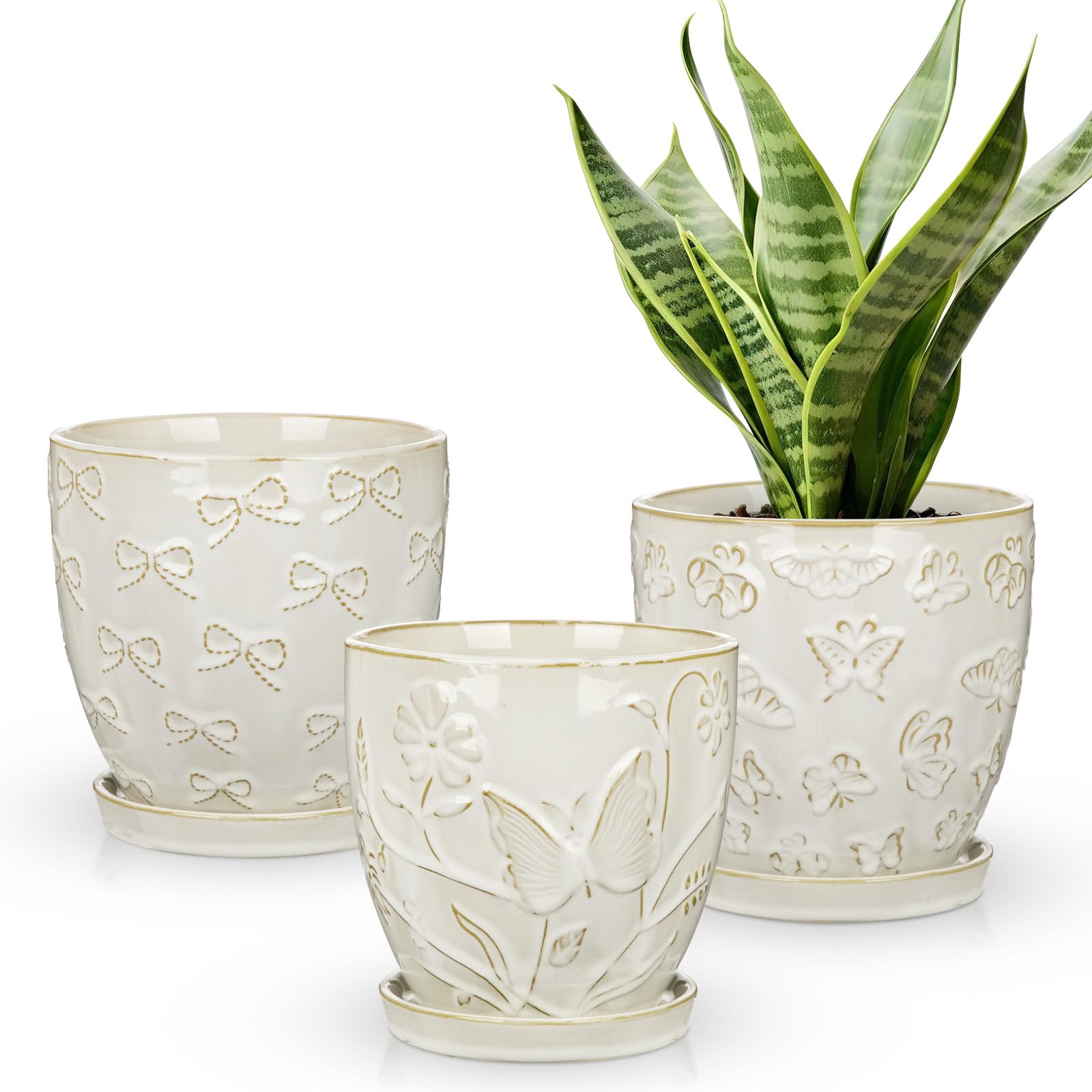 Oairse 3pcs Ceramic Plant Pot with Drainage Hole & Saucer, 15CM White Indoor Planter for Plants, Embossed Flower Pot for Succulents, Herbs, Cactus, Small Houseplants, Plant Pots for Home Decor