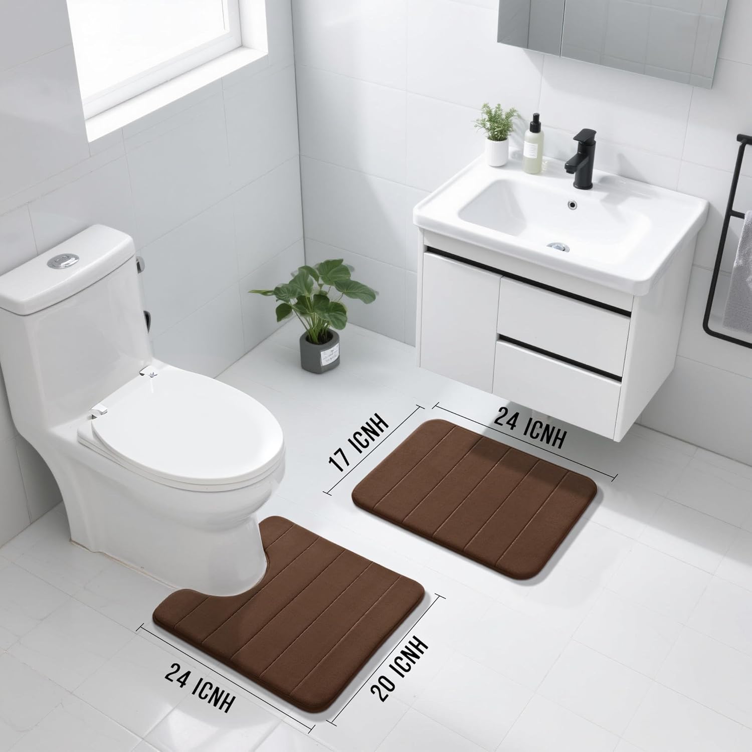 Yimobra U-Shaped Toilet Bath Mat Set 2 Piece - Super Soft Absorbent Quick Dry Memory Foam Bathroom Rugs, Machine Washable Non Slip Floor Carpet for Tub Shower & Single Sink (17x24 & 24x20, Brown) - Image 2