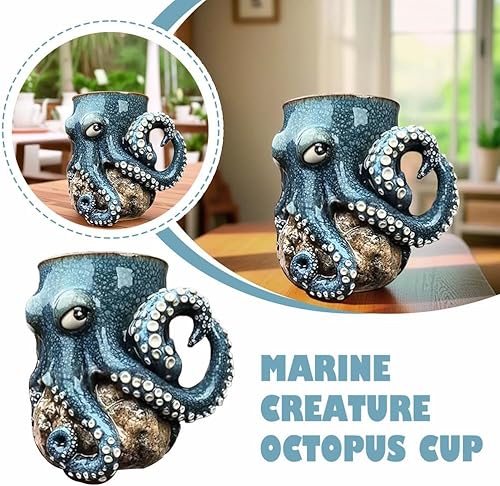 Miniatura 5 de Taza de pulpo de criatura oceánica para decoración del hogar, soporte para bolígrafo de pulpo 3D, único y novedoso con mango de tentáculo, bigote,
