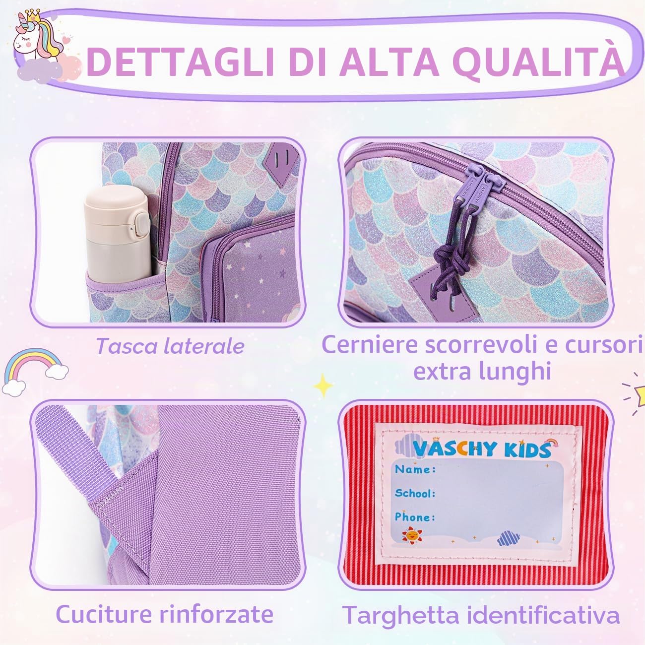 VASCHY Zaino Bambina, Zainetto Bambina Zainetto Asilo Bambino Zaino Scuola Elementare con Fascia Toracica Zaino Bimba Leggera Regalo Bimba 2-8 Anni Zaino da Viaggio/Campeggio
