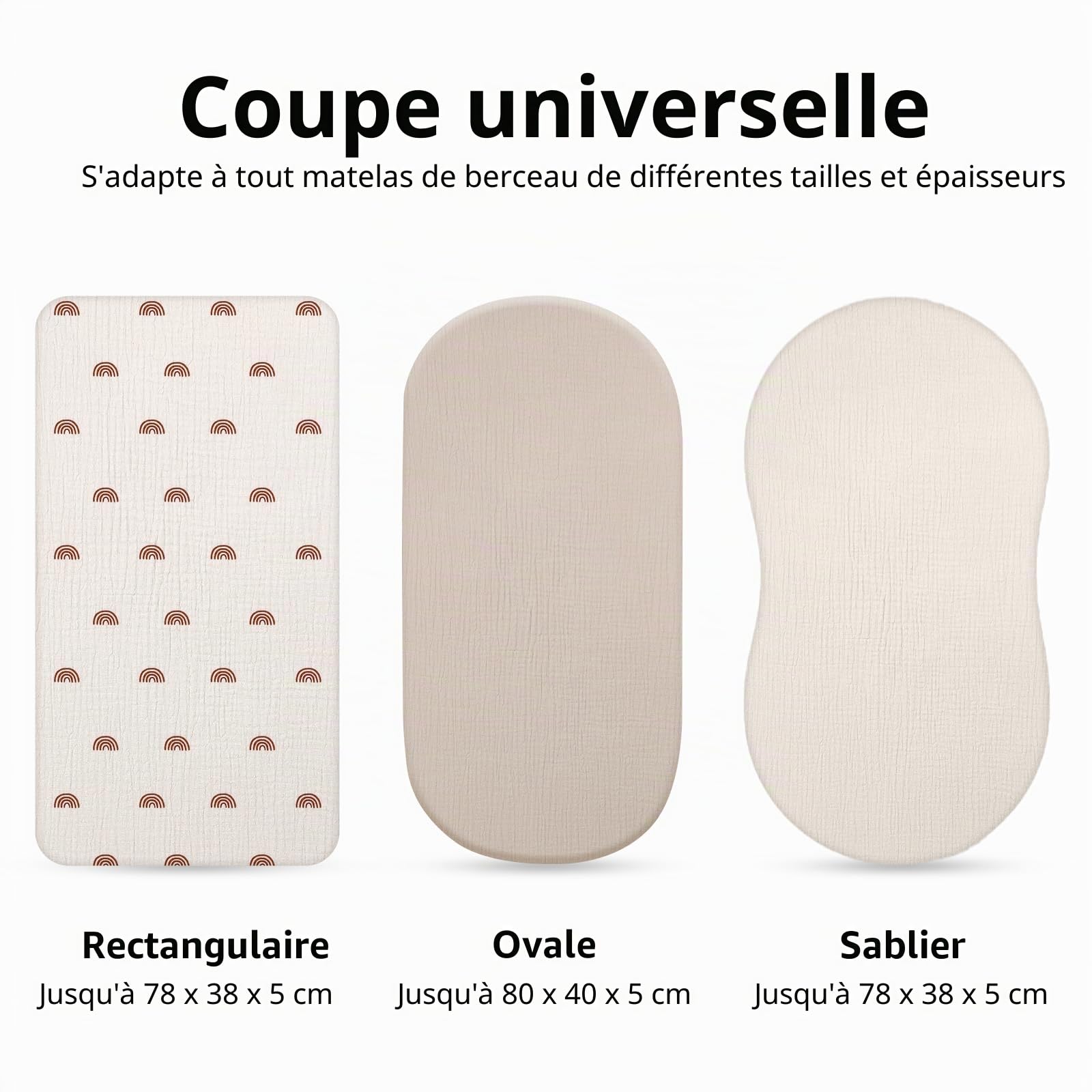 Drap Housse en Mousseline 80x40cm Lot de 3, 100% Coton Draps Housses pour Couffin, Draps de Berceau pour Matelas Ovale, Sablier et Rectangulaire, 70x35 78x36 80x40 cm, Arc-en-Ciel | Lot de 3 draps-housses 100 % mousseline de coton, doux et respirants pour