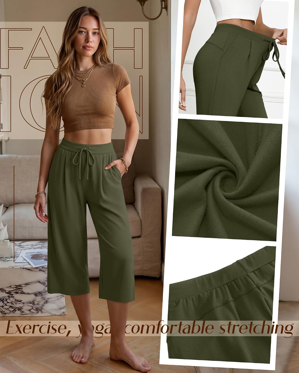 Locoowai 3 Pack Women's Capri Pants Casual Wide Leg Yoga Pants High Waist Drawstring Cropped Lounge Sweatpants with Pockets