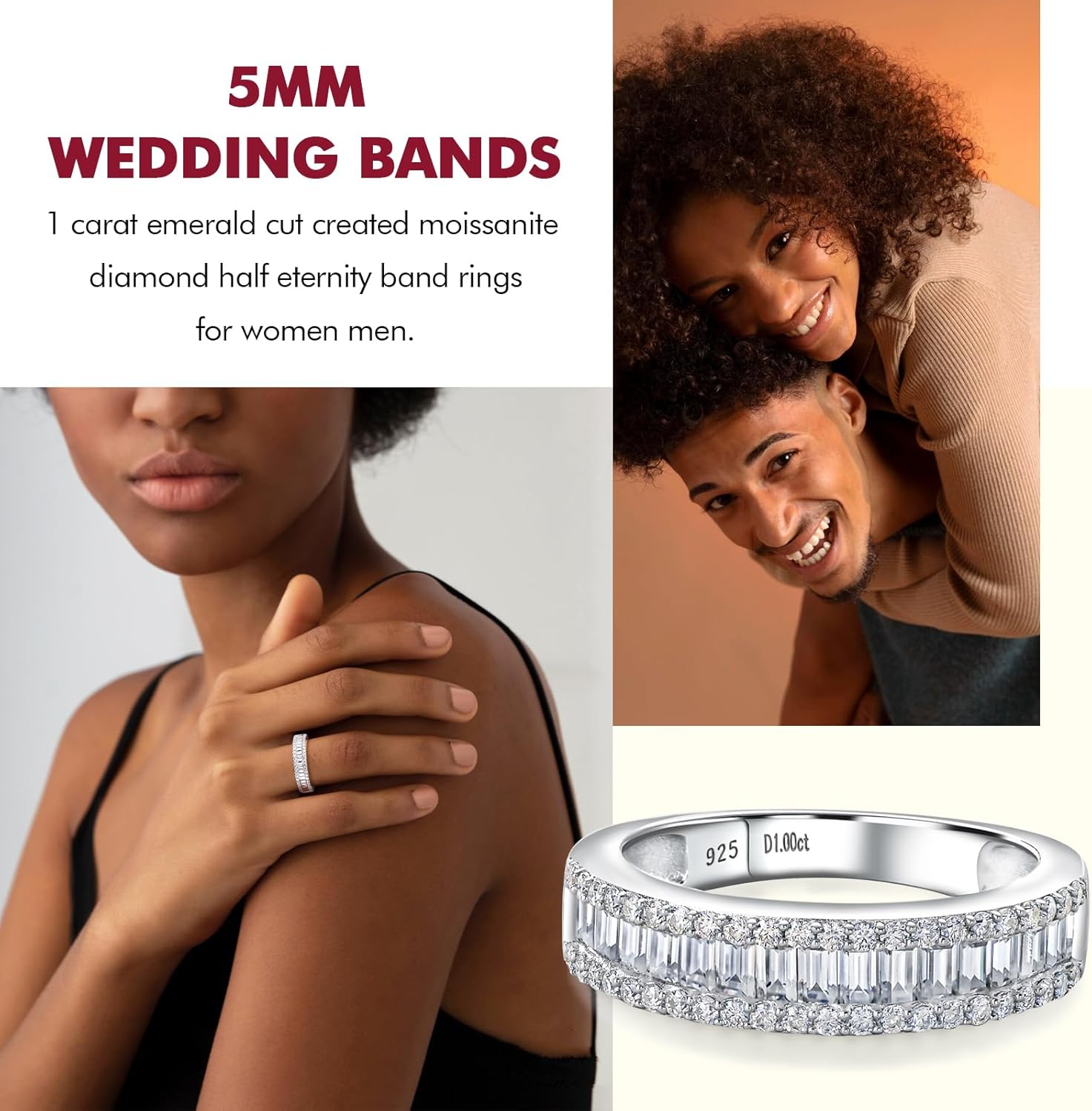 DAYBYDAY Emerald Cut Channel Set Moissanite Wedding Band 925 Sterling Silver 1 Carat Baguette Moissanite Eternity Band Rings for Women Men - Image 2