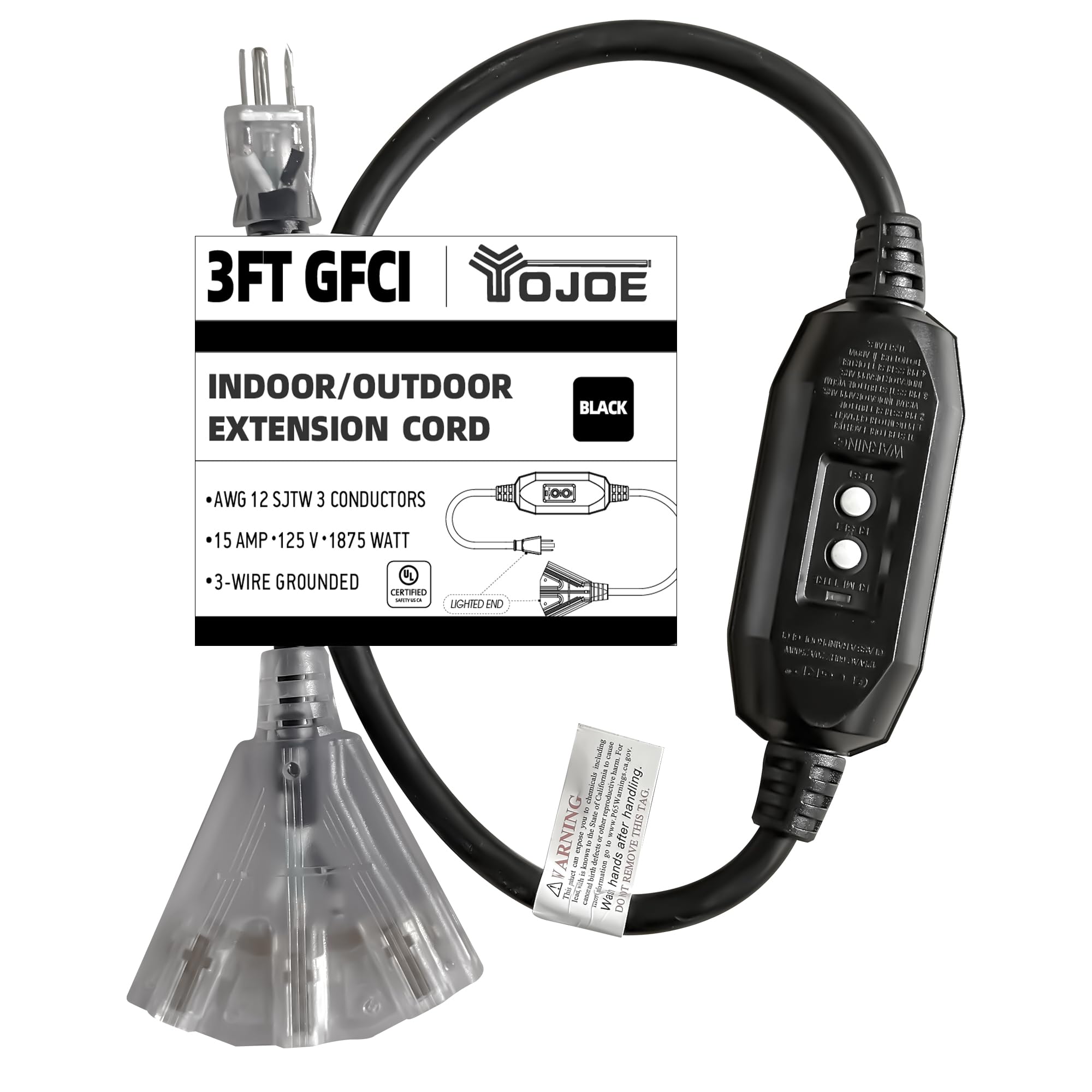 YOJOE - Cable de extensión GFCI negro de 3 pies, cable iluminado para exteriores de 12/3 con 3 tomas de corriente, cable de extensión SJTW de calibre 12 de 3 puntas con enchufe de tierra de 3 puntas