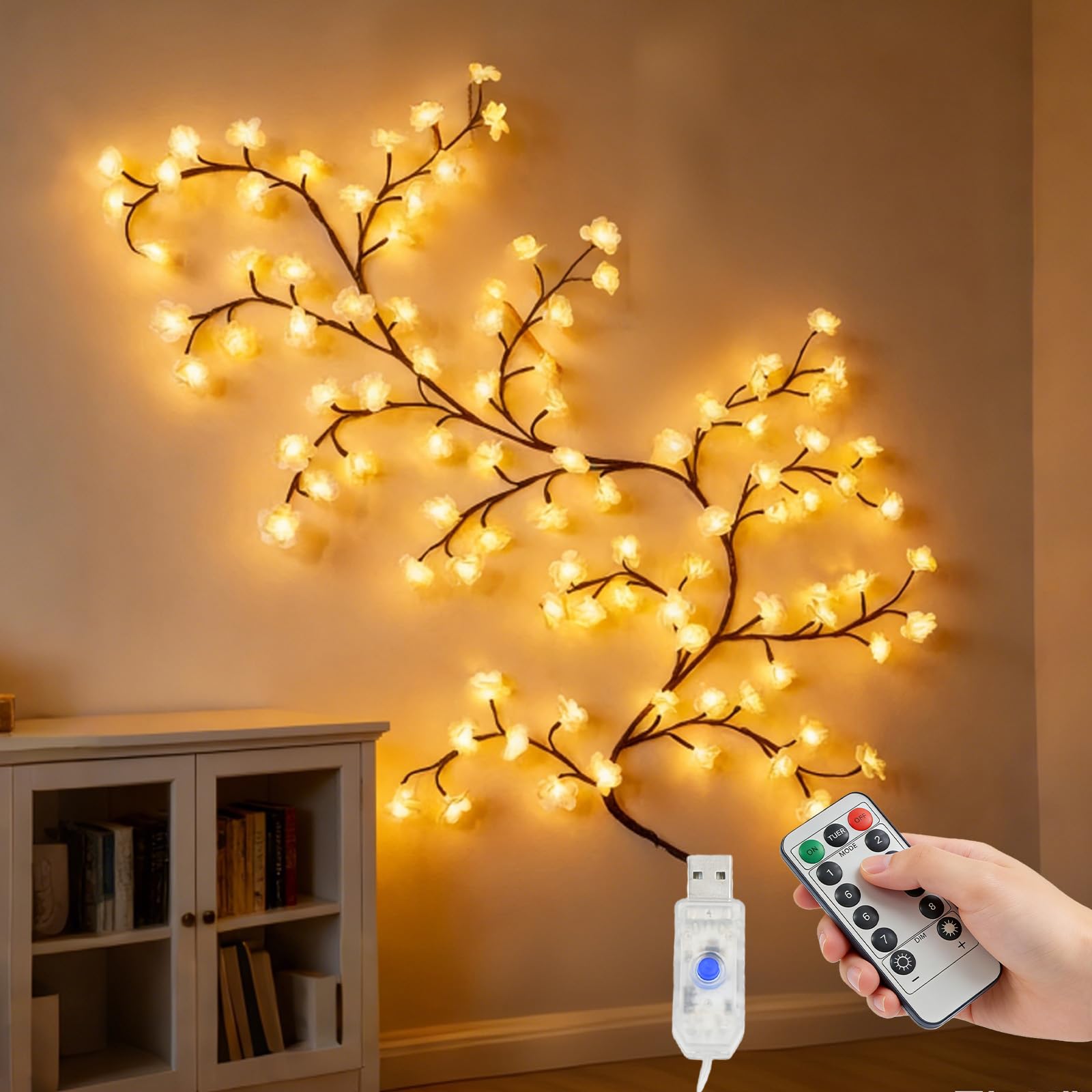 Richaa 63 Inches White Blossom Twig Lights, 48 Led Flexible Wall Flower Fairy Lights, 8 Modes White Blossom Tree String Light, Christmas Mother's Valentine's Day Gift Room Home Bedroom Indoor Decor