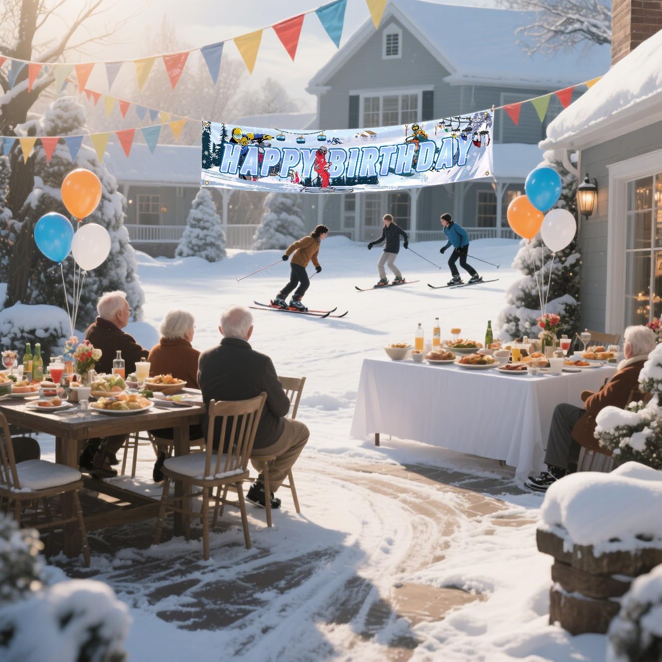 Skiing Happy Birthday Banner Skiing Party Yard Sign Decorations Skiing Yard Banner for Winter Sports Themed Birthday Party Supplies Snow Skier Themed Party Backdrop Photo Booth