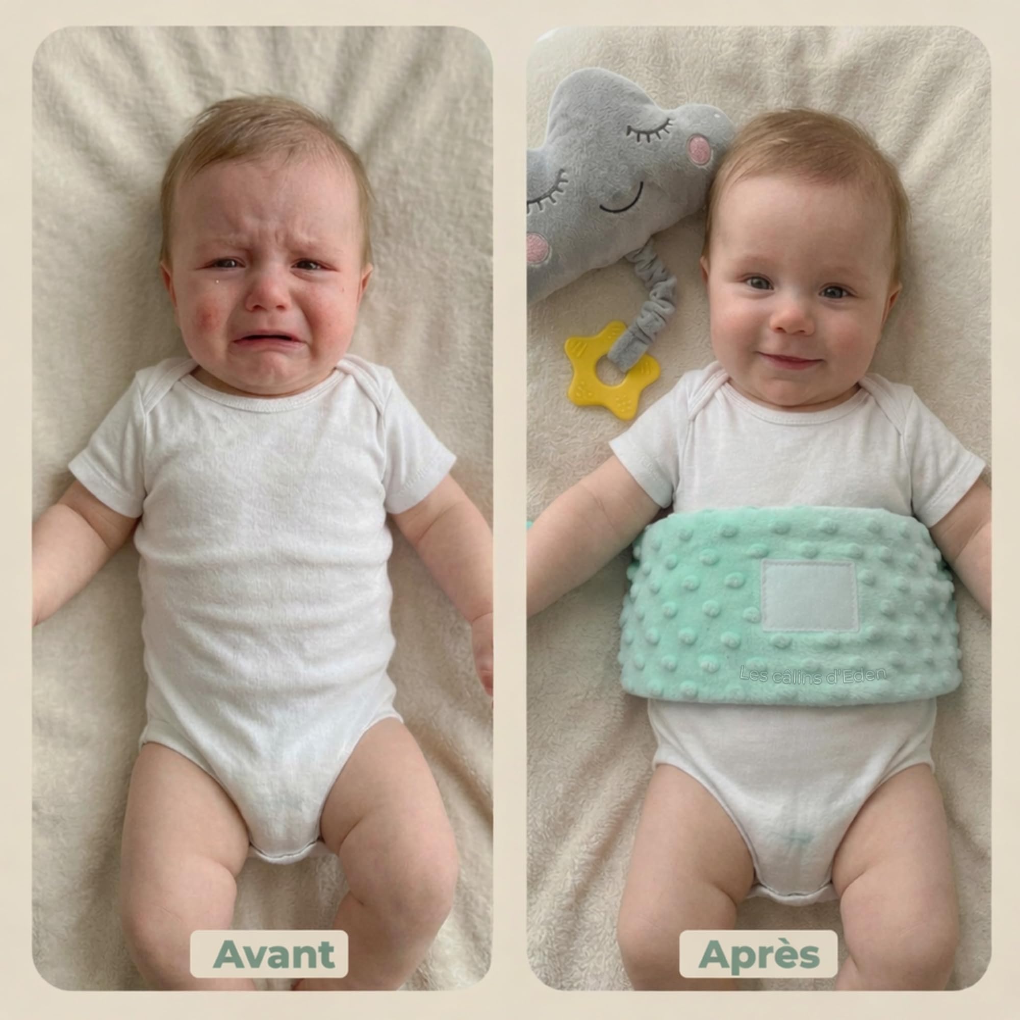 Ceinture bouillotte bébé anti-coliques – poche gel chaud/froid, doudou musical amovible, anneau de dentition silicone étoile, housse satin – soulage coliques & ballonnements – Certifiée CE
