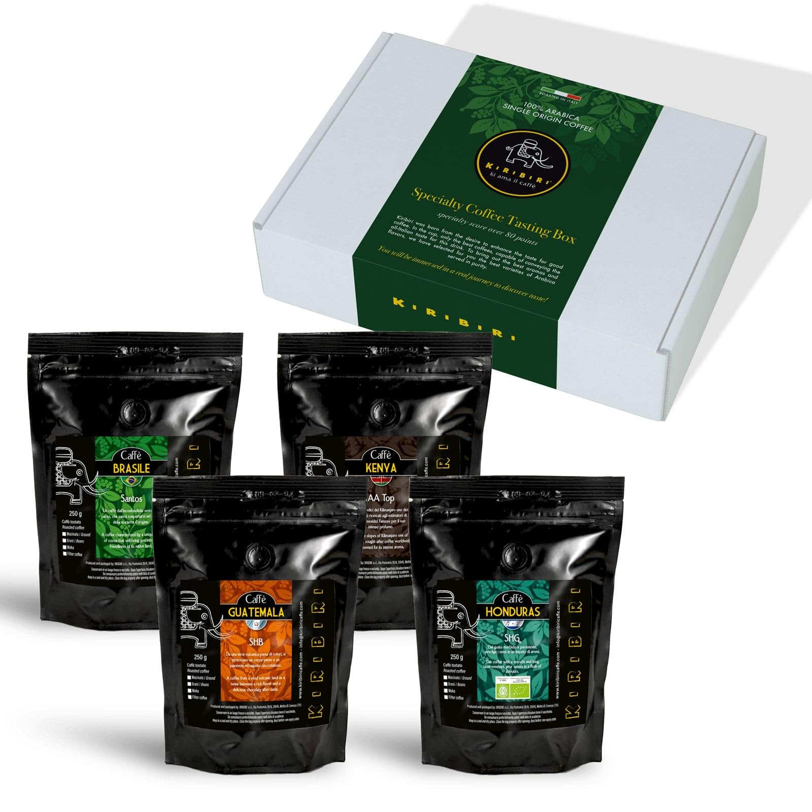 KIRIBIRI Café Especial de Origen 100% Arábica - Brasil, Guatemala, Honduras Orgánico, Kenia (4 x 250g Café en granos)
