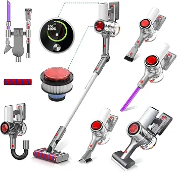 40KPa/450W Aspiradora Sin Cable Potente, 60Min Escoba Aspirador Sin Cable para el Hogar, Ultra-Silenciosa con Pantalla LED Inteligente, Cepillo Anti-Enredos para Suelos, Alfombras y Pelos de Mascotas