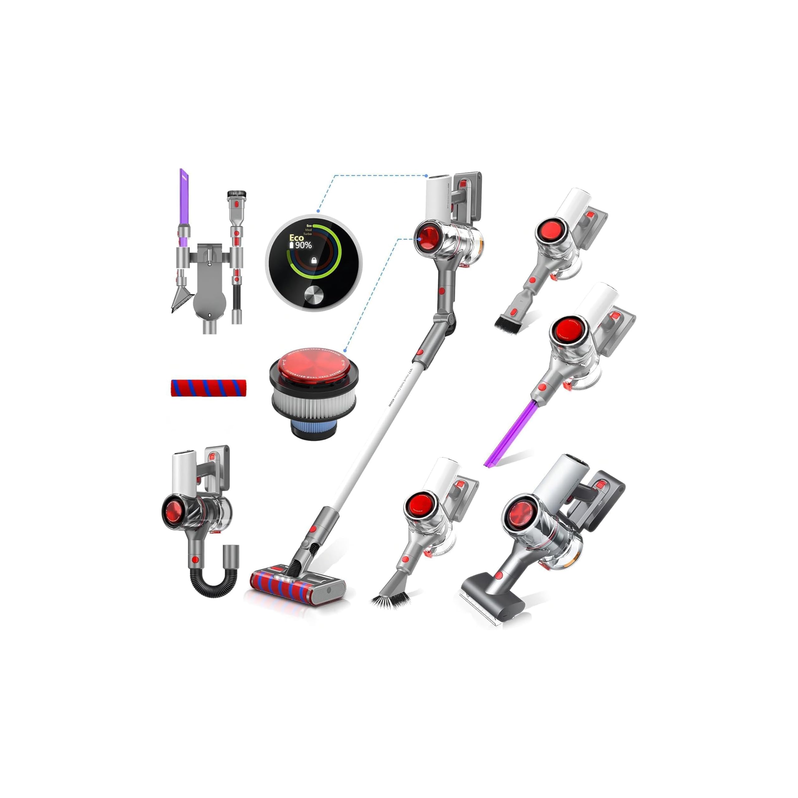 40KPa/450W Aspirapolvere Senza Fili Potente, 60Min Scopa Elettrica Senza Fili Mantiene Casa, Ultra-silenzioso LED Smart Anti-Avvolgimento Aspirapolvere spazzola per Pavimenti Tappeti Peli di Animalili