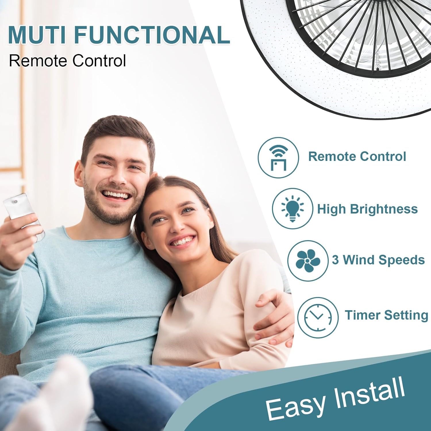 Image of the remote control with labels for each button: Light On/Off, Fan On/Off, 3 Speed Setting (Low, Med, High), Brightness (10%-100%), Color Temperature (3000K-6500K), Timer Setting (0.5H, 1H, 2H), Night Light, Reversible Motor Button (F/R).