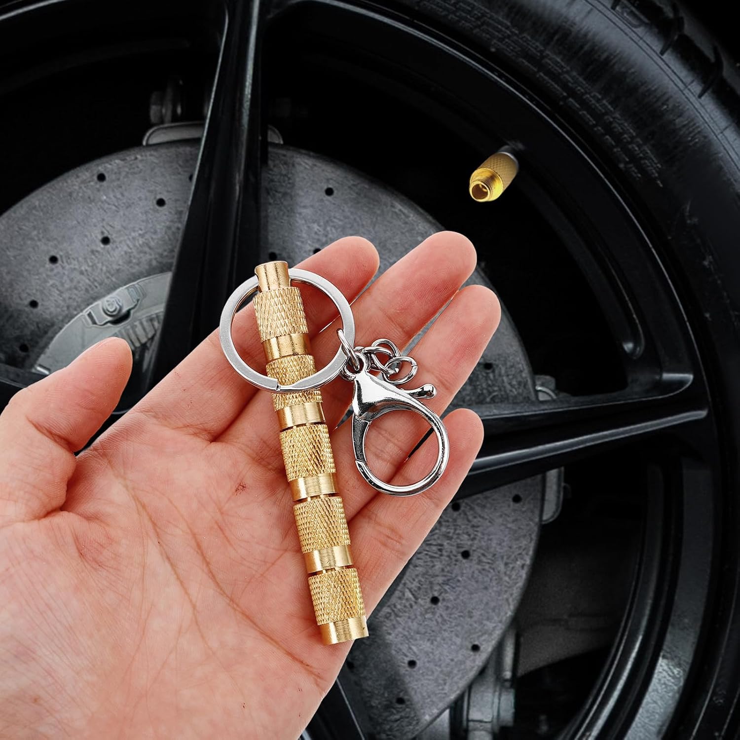 Solid Brass 5-in-1 Tire Deflator Tool with Pressure Release Valve Keychain, Car and Truck Brake Valve Bleeder Wrench, Portable Tire Pressure Gauge for Offroad Vehicle Accessories